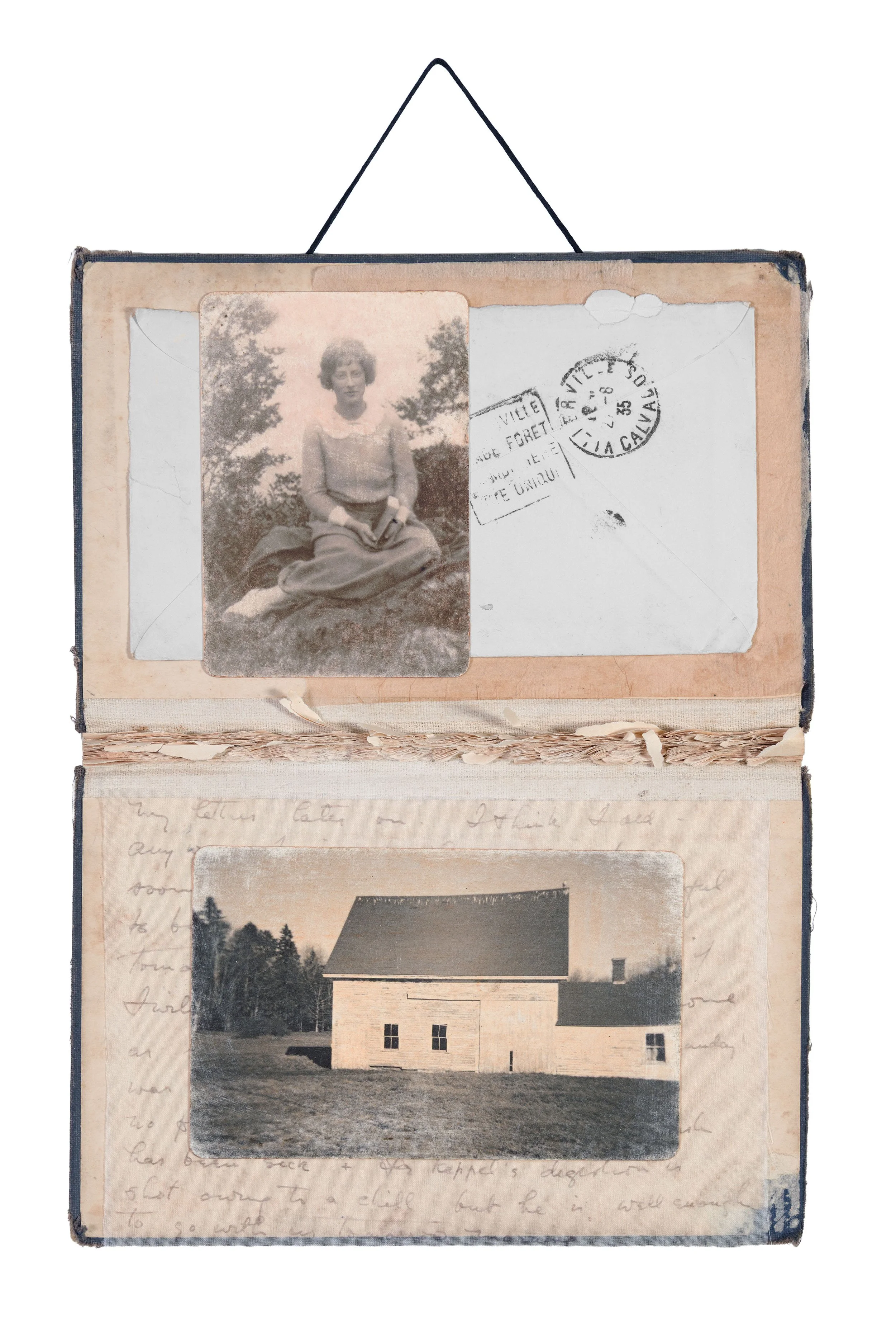 'Longing For Home' - repurposed book Vintage: family photographs, envelope & stamps, silk organza, waxed cord 
10.75 x 7.25 inches