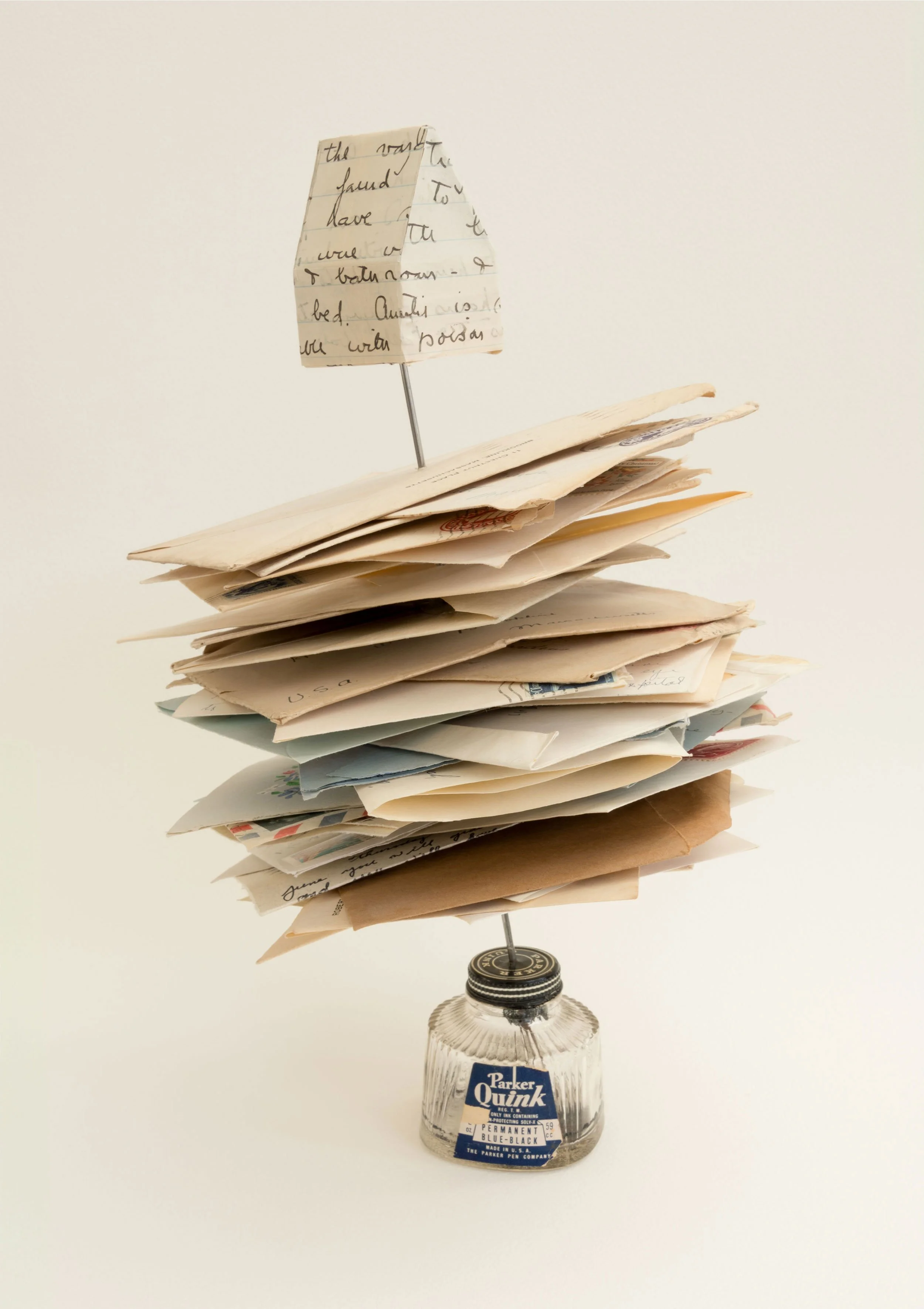 Letters From Home - vintage ink bottle, vintage family letters, spindle, paper house
12 x 8 x 8 inches