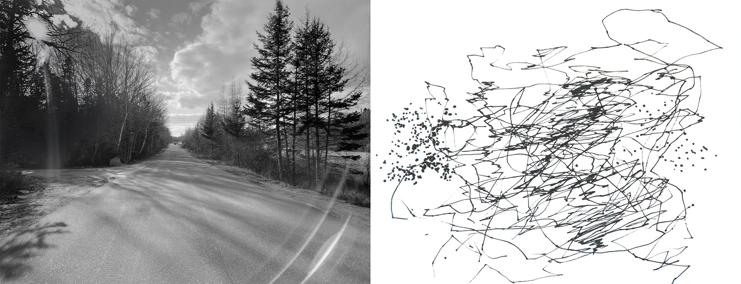 Drawing The Maine Roads VI, archival pigment print, ink drawing, 6 x 16 inches