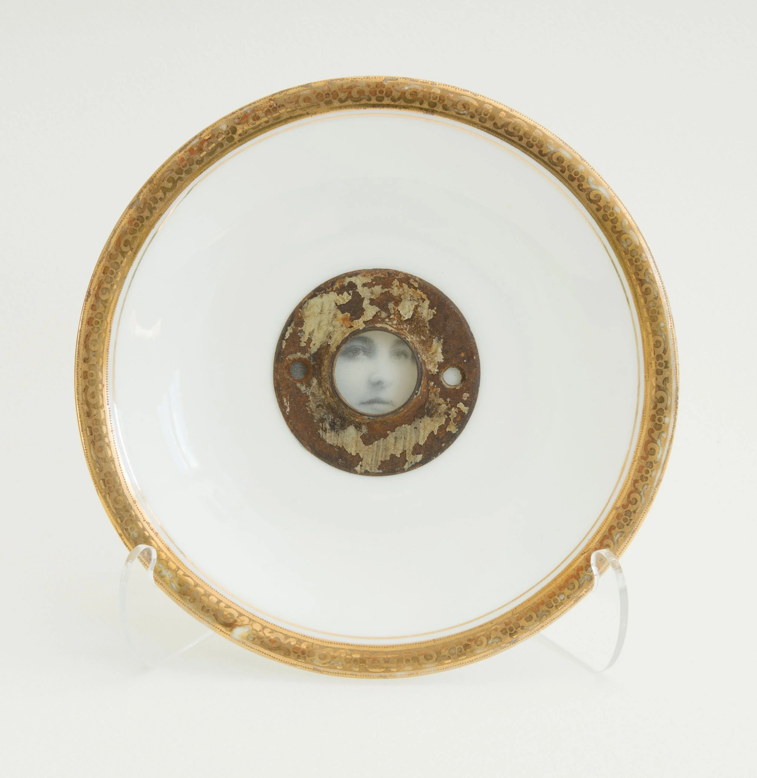 'Gold Soul' -vintage tea saucer, vintage escutcheon, vintage photograph, silk organza 5.75 x 5.75 x .05 inches
