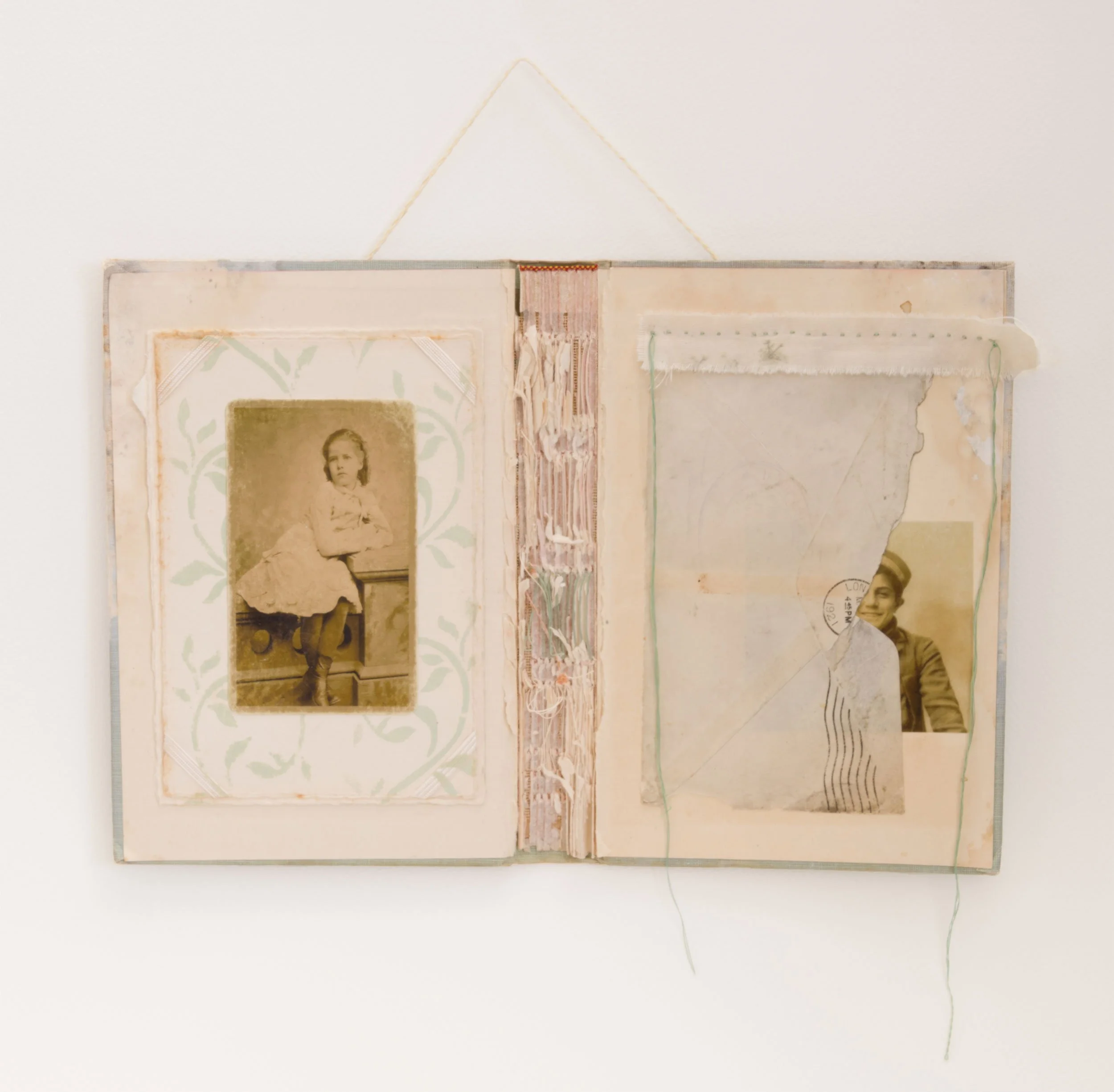 'Young Love' - deconstructed book, vintage: family photographs, envelope, printed card stock, muslin, cotton cording & thread
8 x 12 inches