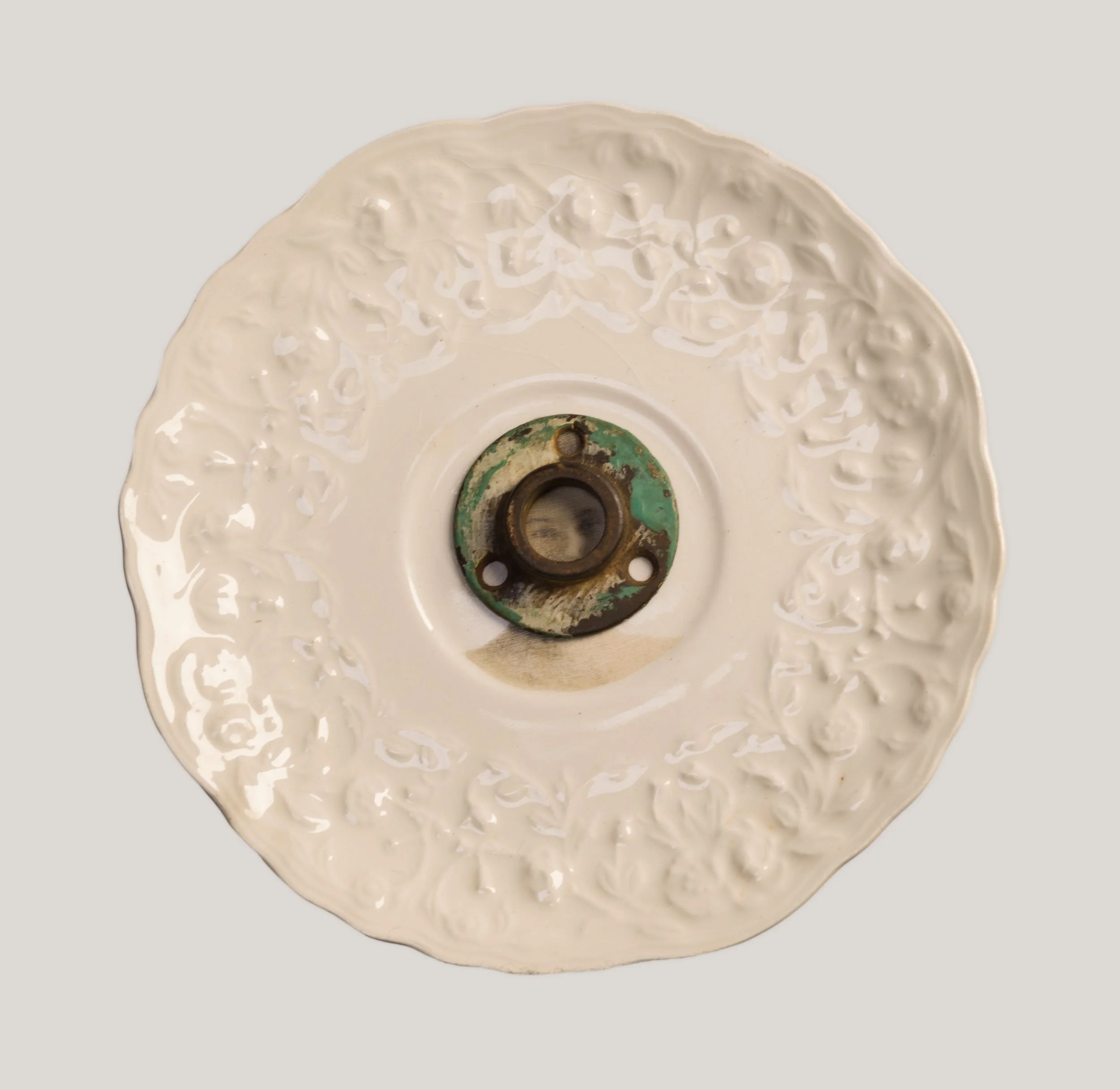 The Past is Present - vintage tea saucer, vintage escutcheon, vintage photograph, silk organza  6 x 6 x .05 inches
private collection