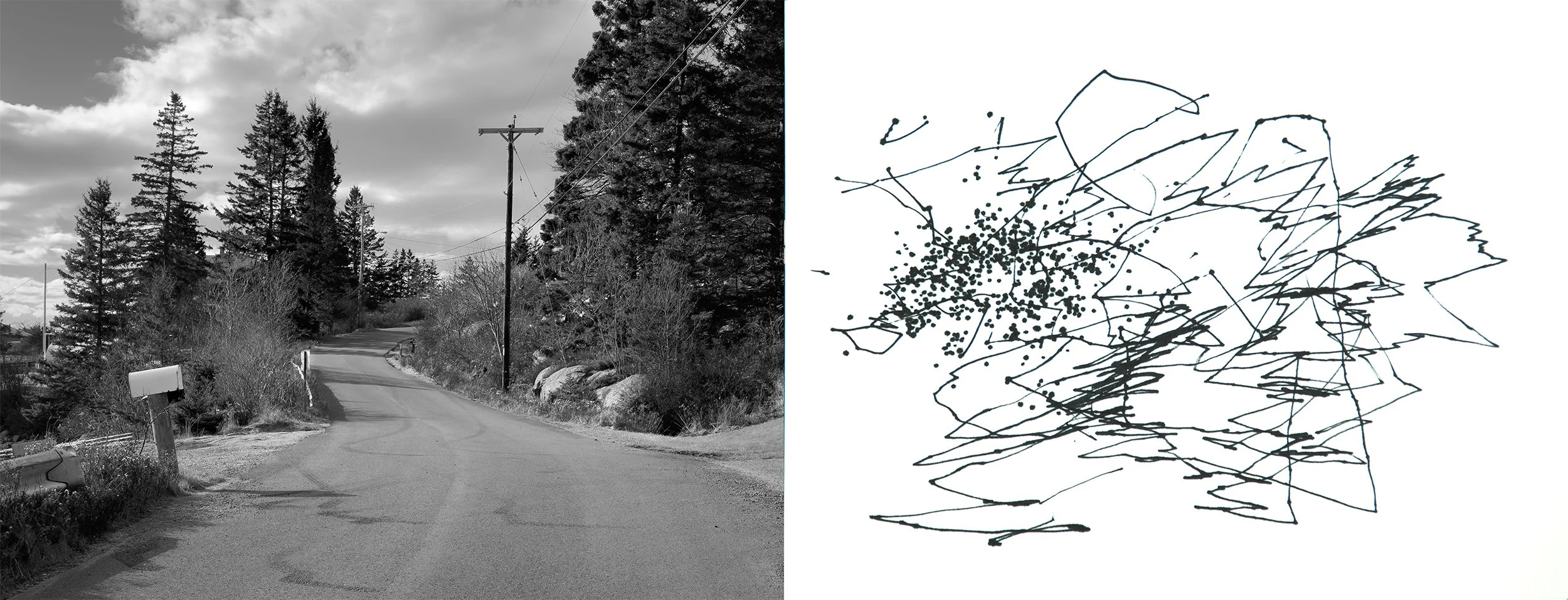 Drawing The Maine Roads I - archival pigment print, ink drawing,  6 x 16 inches