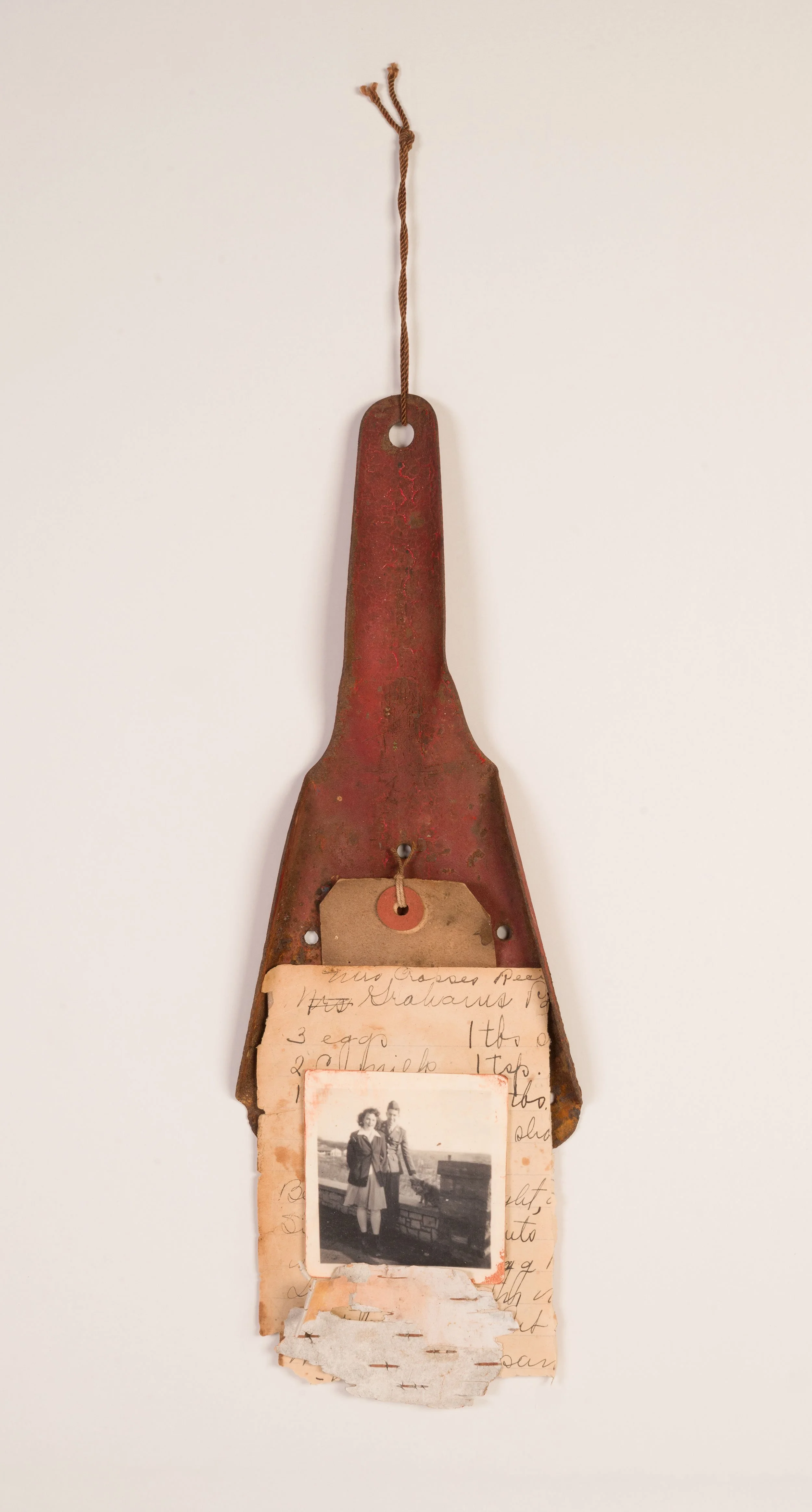 Before The Leaving - rusted shovel, vintage tag, my grandmother's recipe, vintage family photograph, birch bark, cotton cording
12 x 4.5 x 0.5 inches