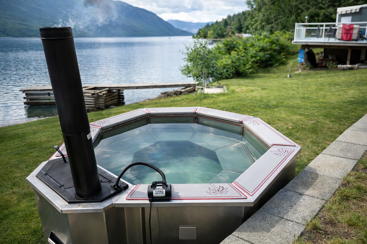 Custom built metal hot tub with steam rising, located on a lawn near a lake, with mountains and trees in the background.