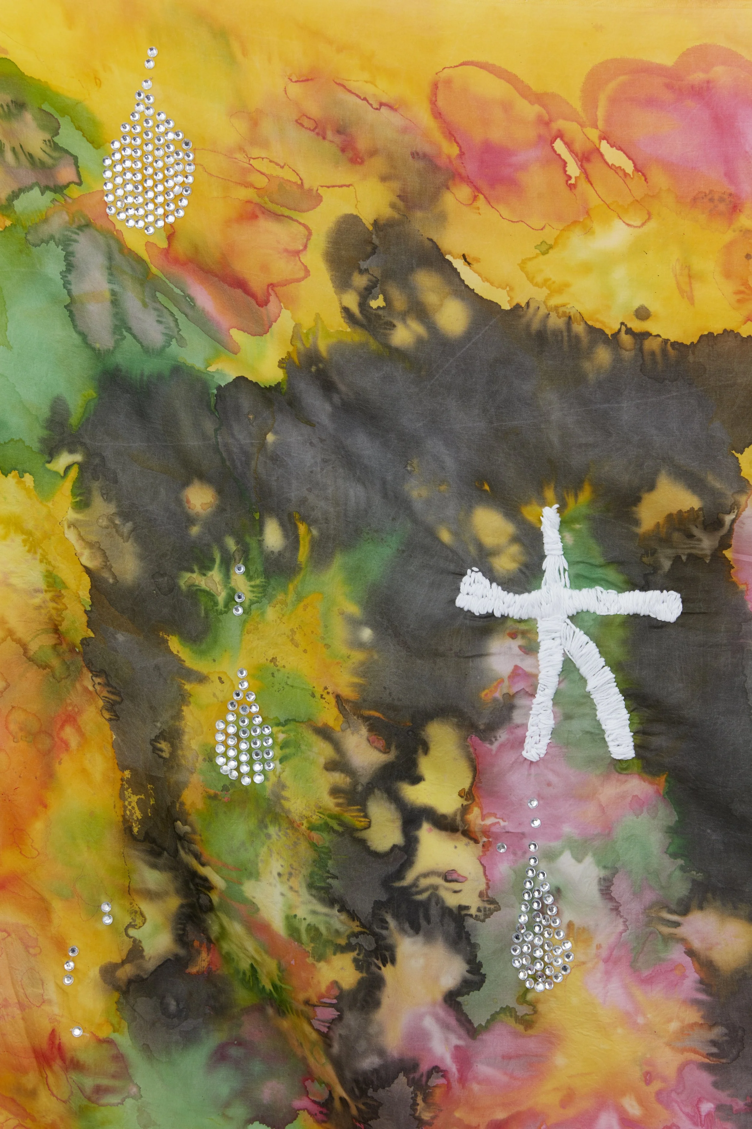 "Moth Cape: Big Crybaby" 2020, silk dye on silk, cotton thread, diamantes (detail).