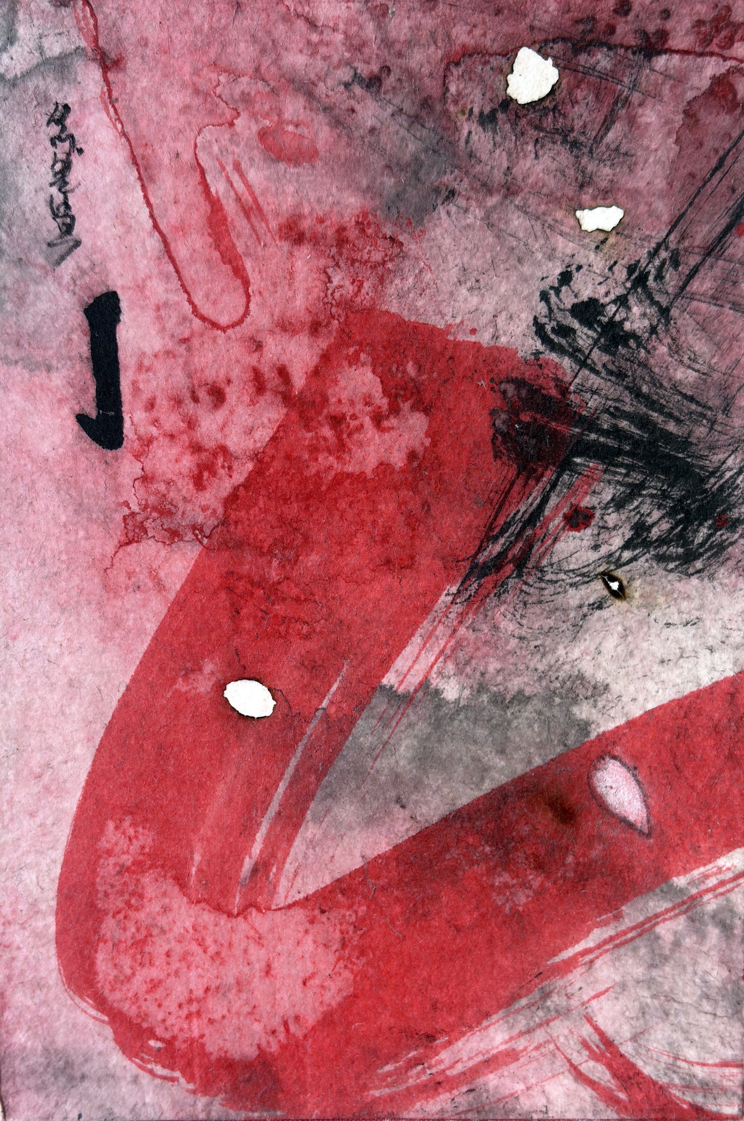 "Dawn Chorus", 2025, acrylic and ink on xuan paper, incense burn marks, chalk pastel, rice glue, series of 6, each 13 x 18 cm. (detail)