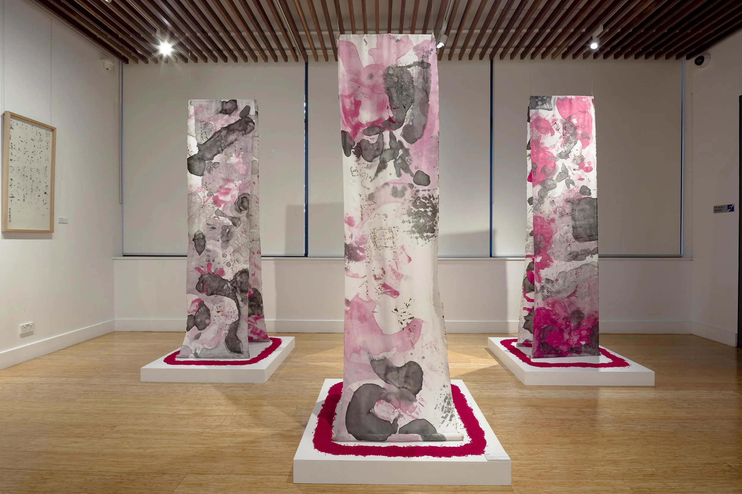 "Portals", 2025, silk dye, habotai silk, burn marks, silk thread, food dye, uncooked rice, 6 panels, each 55 x 230 cm. Photo: Document Photography.