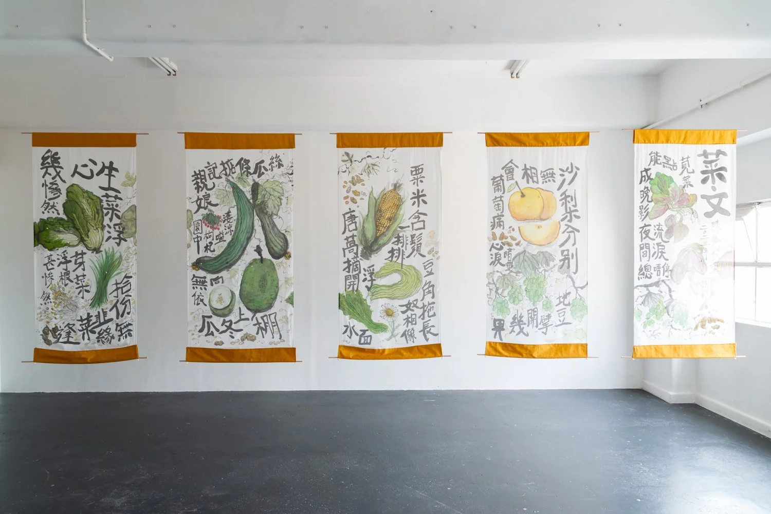 "As Far Away From Heaven As Earth", 2023, silk dye on habotai silk, freshwater pearls, linocut print, cotton drill, sound, 2:30min. Series of 5, each 70 cm x 150cm. Blindside Gallery, 2023. Photo: Sebastian Kainey.
