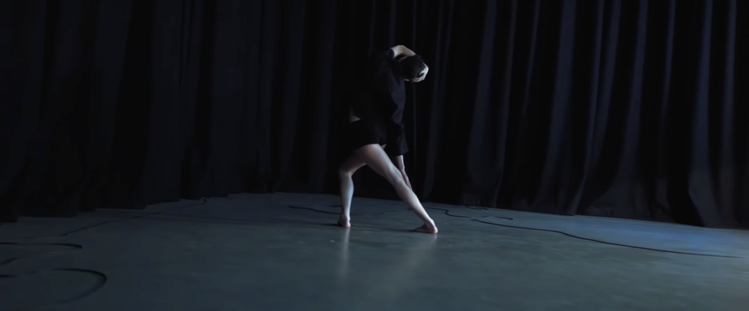 A person with a dog mask is on a stage with black curtains, striking an artistic pose.