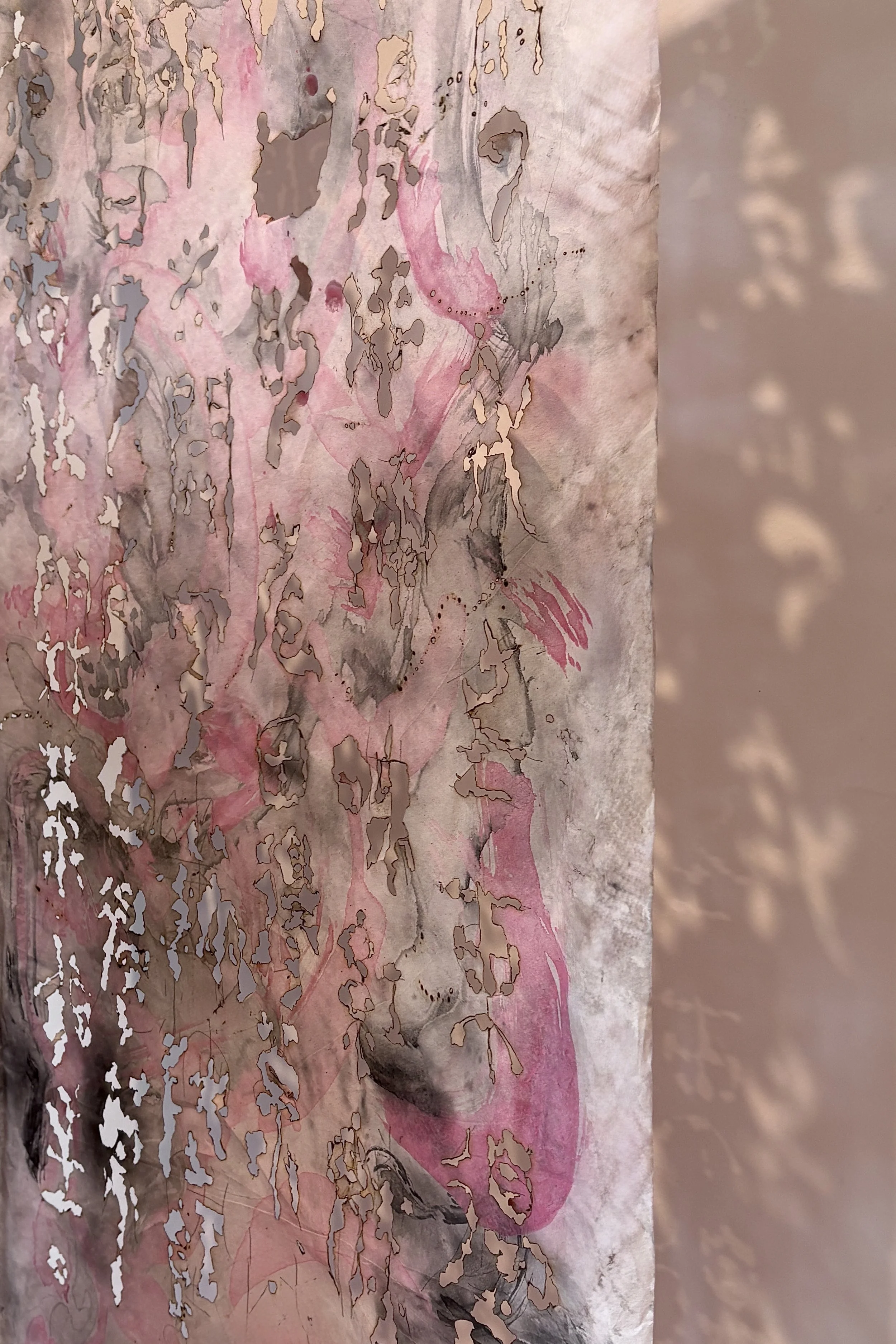 "Hollow Script 1", 2025, acrylic and ink on xuan paper, incense burn marks,
chalk pastel, rice glue, 40cm x 91 cm (detail). Photo: Document Photography.