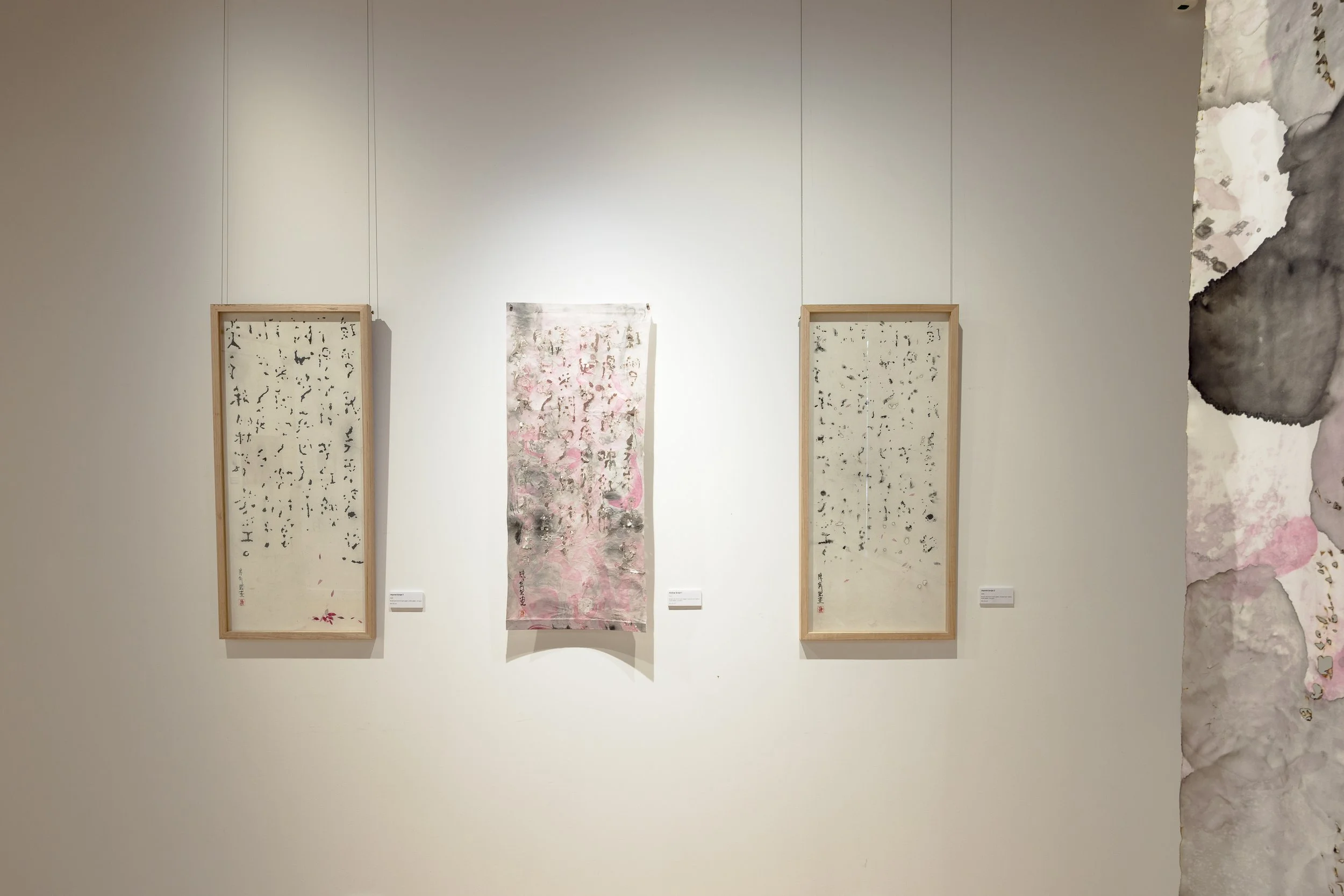 "Imprint Script 1", 2025, acrylic and ink on xuan paper, chalk pastel, rice glue, 40cm x 91 cm; "Hollow Script 1", 2025, acrylic and ink on xuan paper, incense burn marks,
chalk pastel, rice glue, 40cm x 91 cm; "Imprint Script 2", 2025, acrylic and i