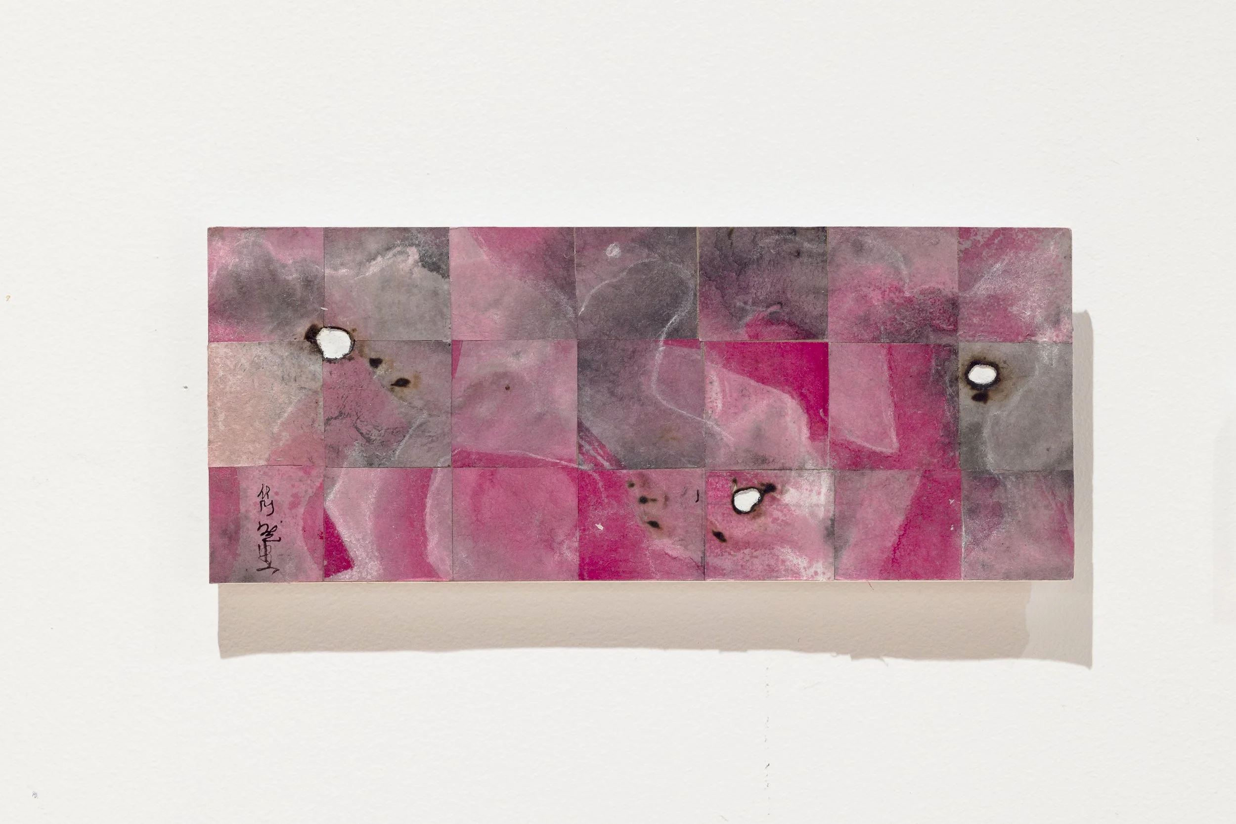 "Recapitulations (River Sky)", 2025, acrylic and ink on xuan paper, incense burn marks, chalk pastel, rice glue, 21 x 9 cm. Photo: Document Photography.