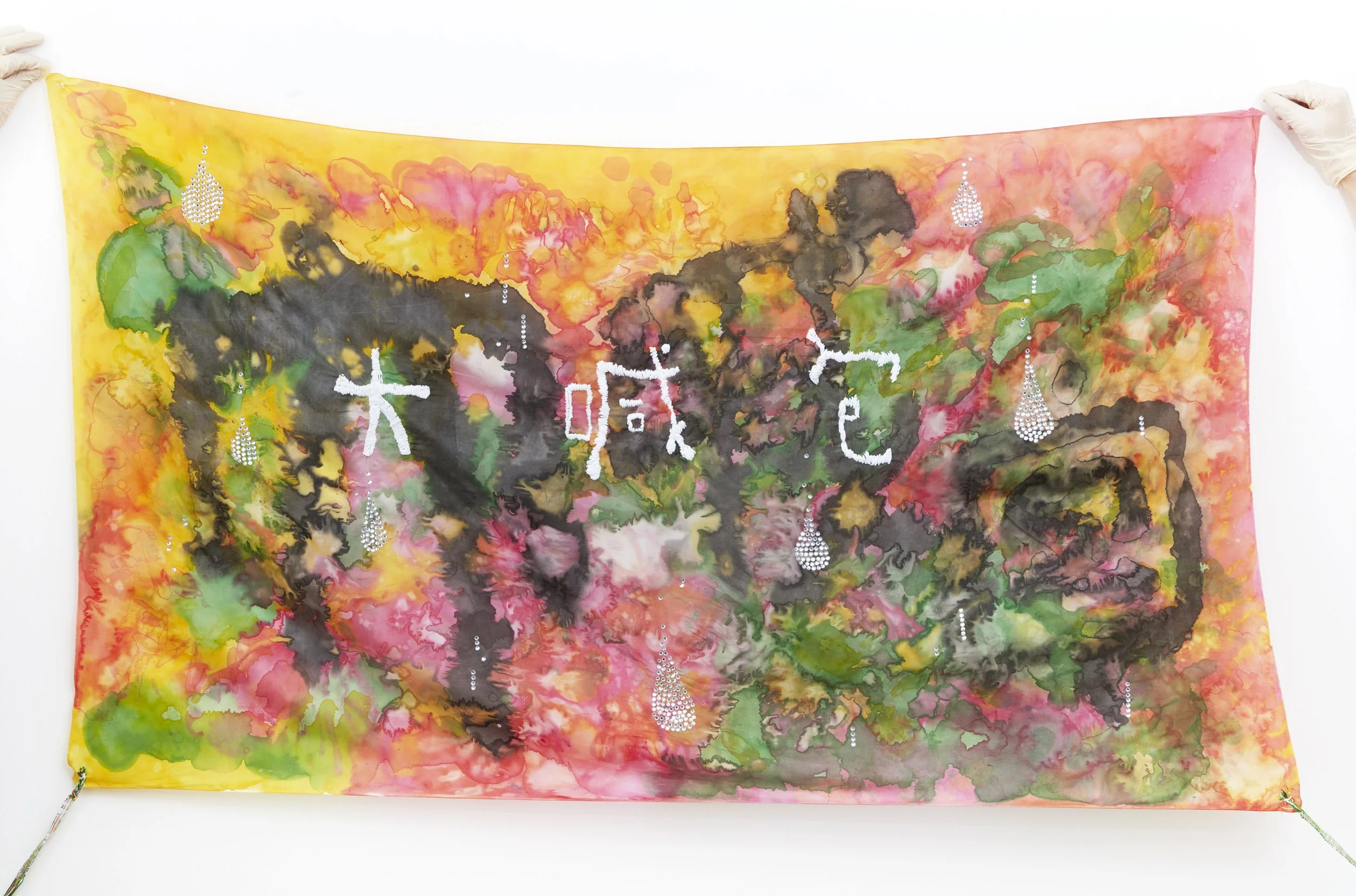 "Moth Cape: Big Crybaby" 2020, silk dye on silk, cotton thread, diamantes.