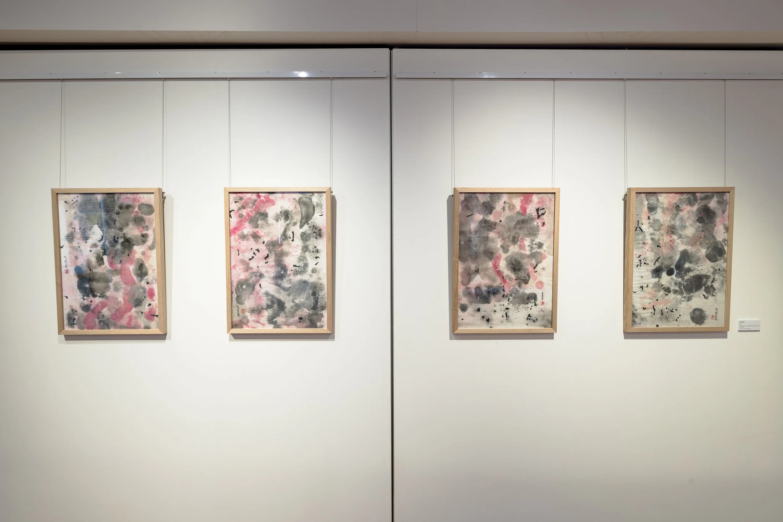 "Torrents", 2025, acrylic and ink on xuan paper, chalk pastel. Series of 4: each 42 x 59 cm. Photo: Document Photography.