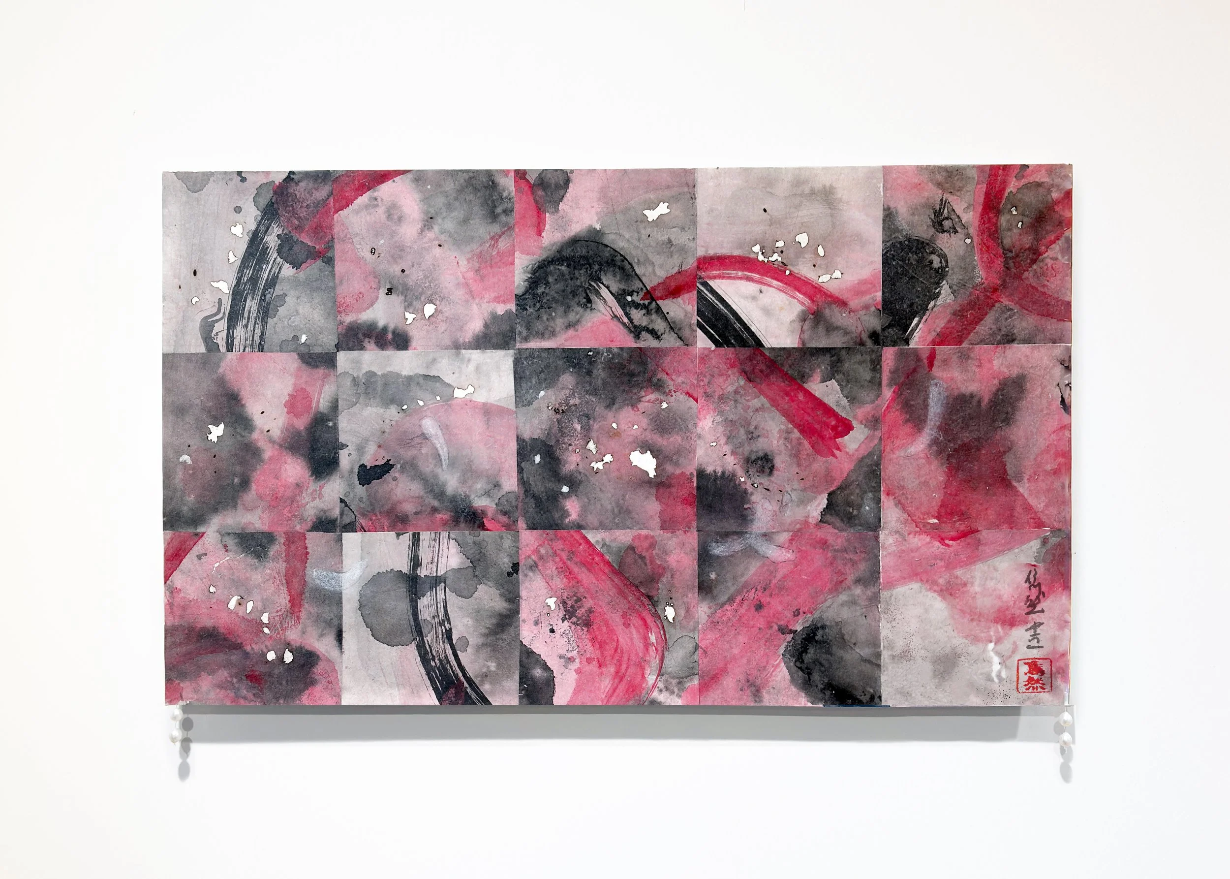 "Recapitulations (Red Clouds 2)", 2025, acrylic and ink on xuan paper, incense burn marks, chalk pastel, freshwater pearls, rice glue, 60 x 24cm.