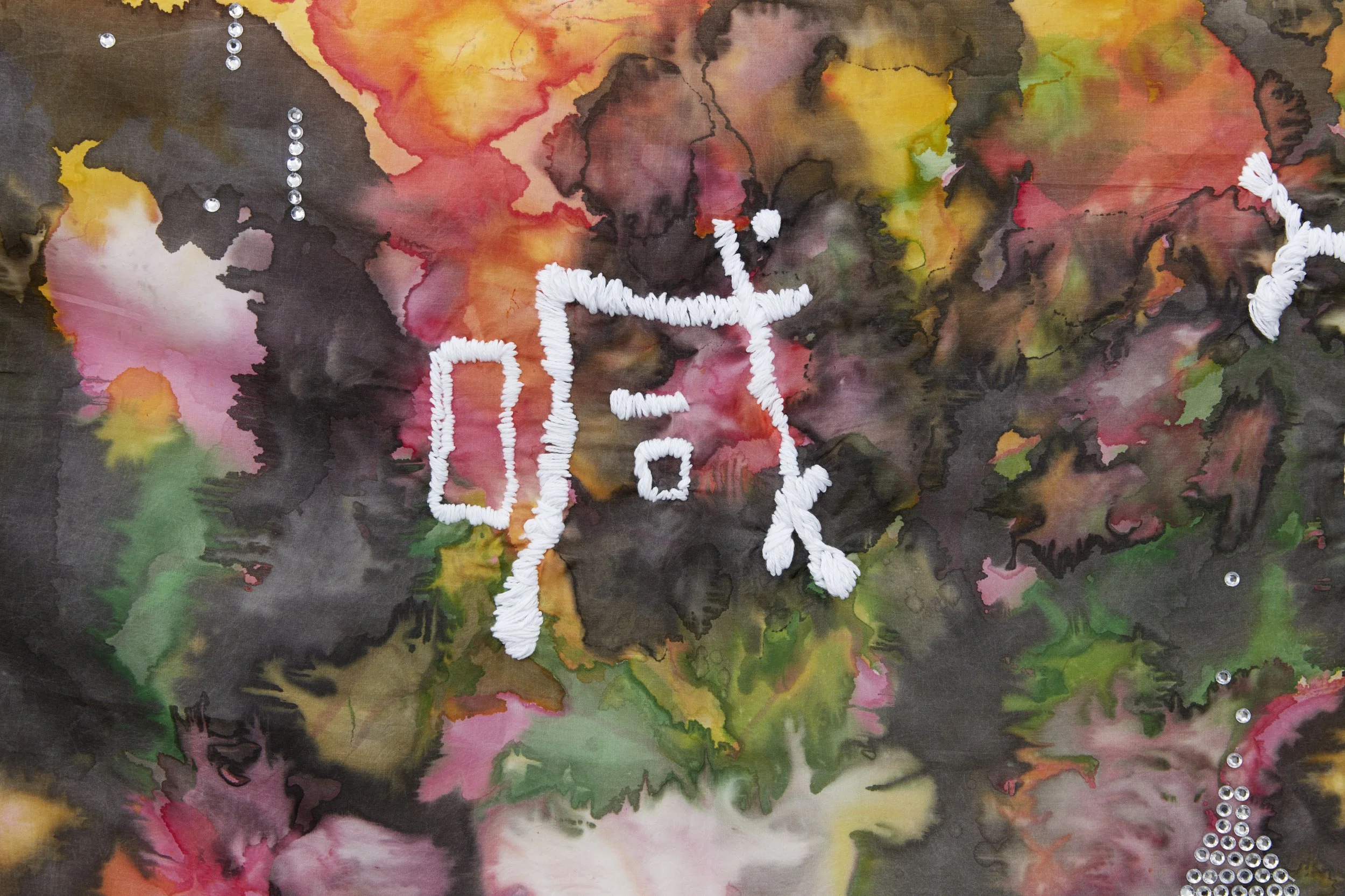 "Moth Cape: Big Crybaby" 2020, silk dye on silk, cotton thread, diamantes (detail).