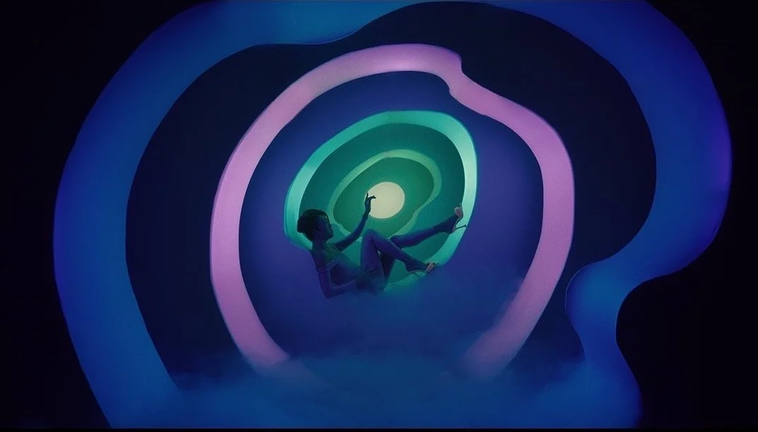 Person sitting and lying in a swirling tunnel of colorful light, with the colors transitioning from blue outside to pink and green towards the center.