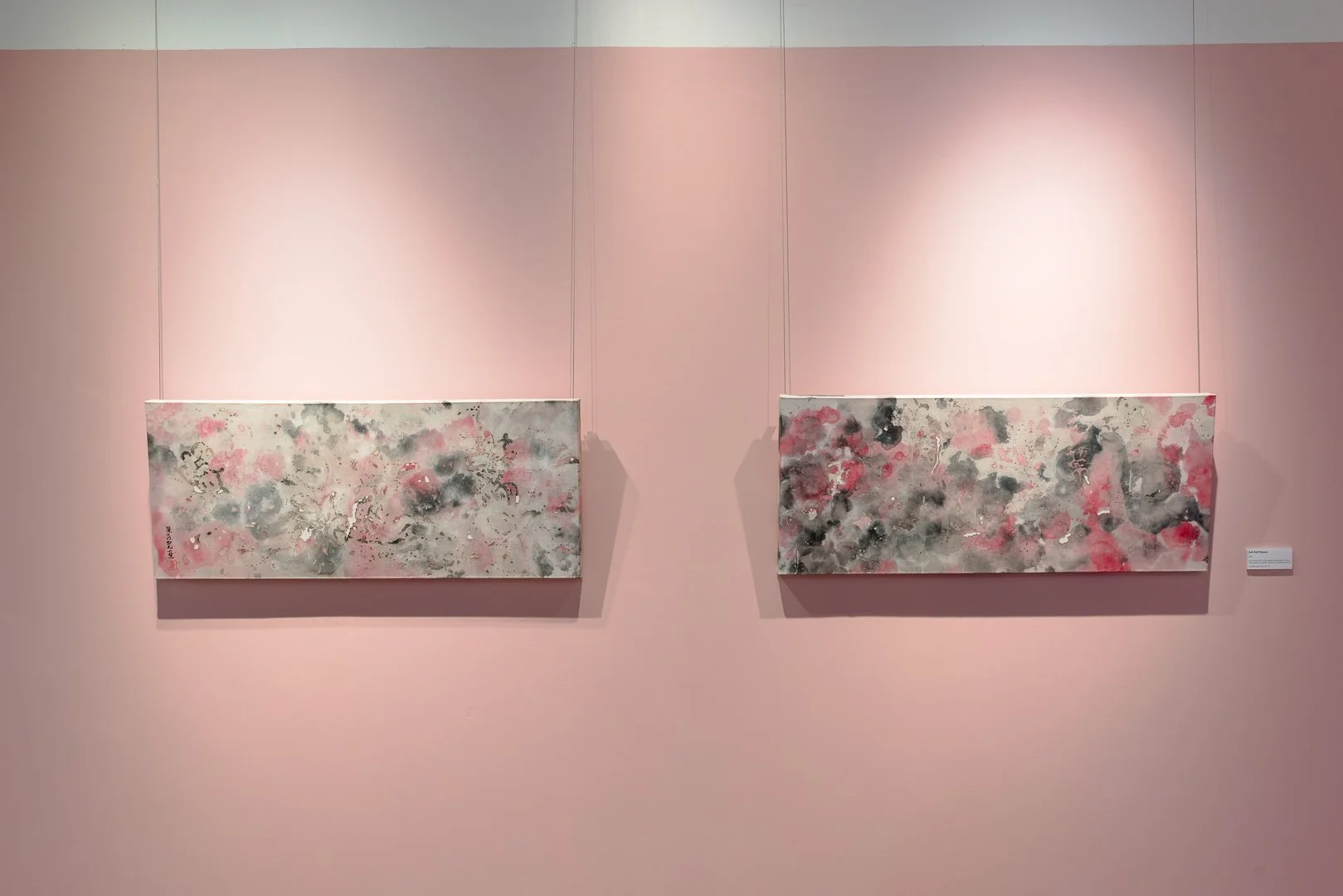 "Ash Fall Flowers", 2025, acrylic and ink on xuan paper, incense burn marks, chalk pastel, rice glue, mounted on stretched canvas, 2 panels, each 38 x 91 cm. Photo: Document Photography.