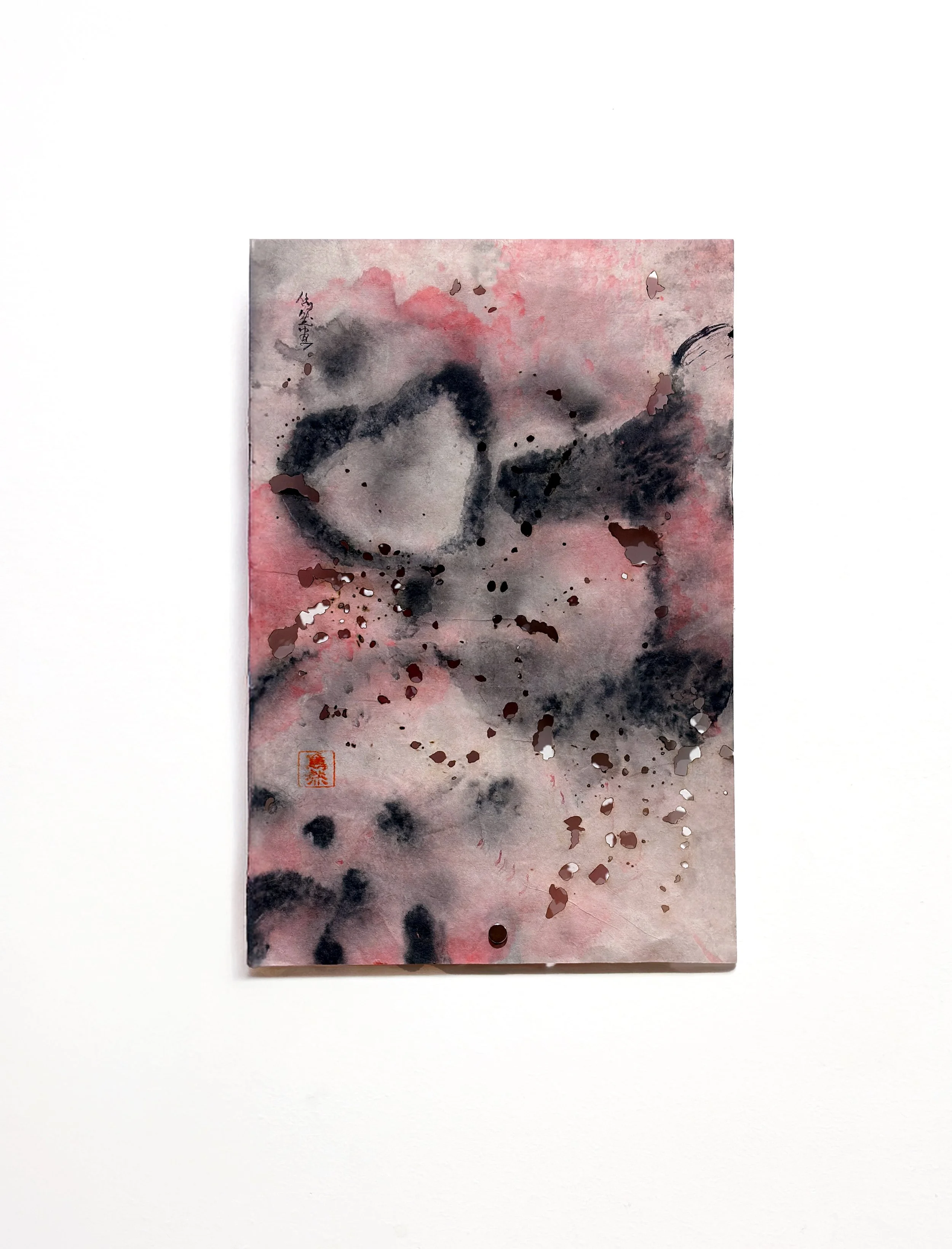 "Cover The Ground With Red", 2025, acrylic and ink on xuan paper, incense burn marks, chalk pastel, rice glue, 30 x 42xcm.