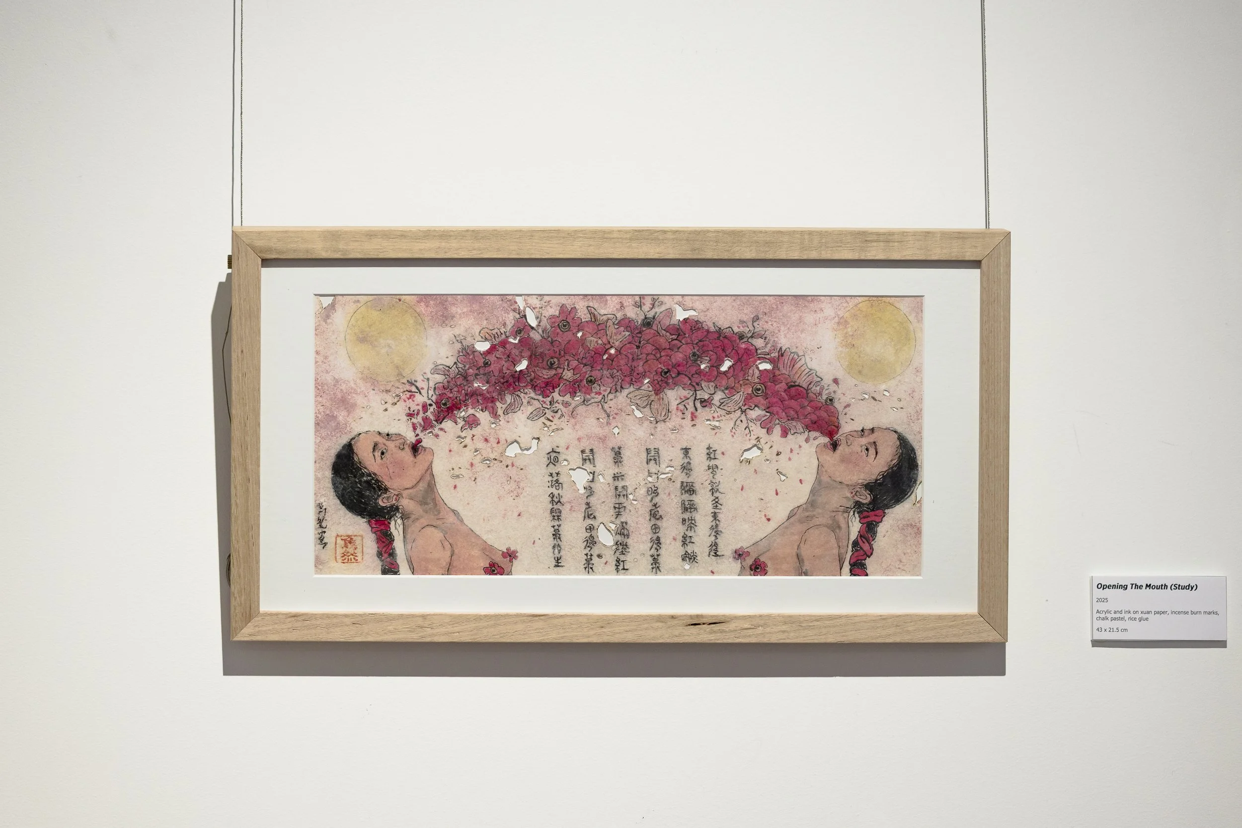 "Opening The Mouth (Study)", 2025, acrylic and ink on xuan paper, incense burn marks, chalk pastel, rice glue, 43 x 21.5 cm. Photo: Document Photography.