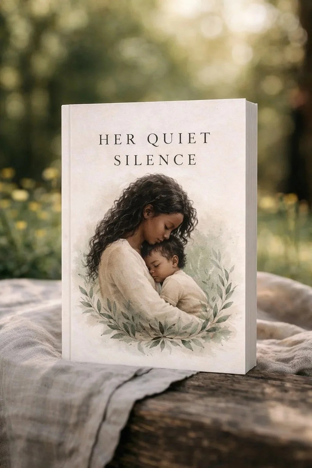 A book titled 'Her Quiet Silence' with an illustration of a woman holding a sleeping child, surrounded by a laurel wreath, placed on a wooden surface outdoors.