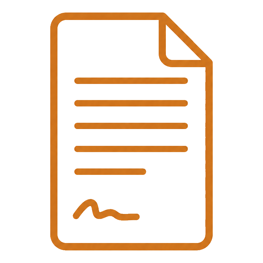 Cartoon-style document icon with lines representing text and a downward trend graph at the bottom right corner.