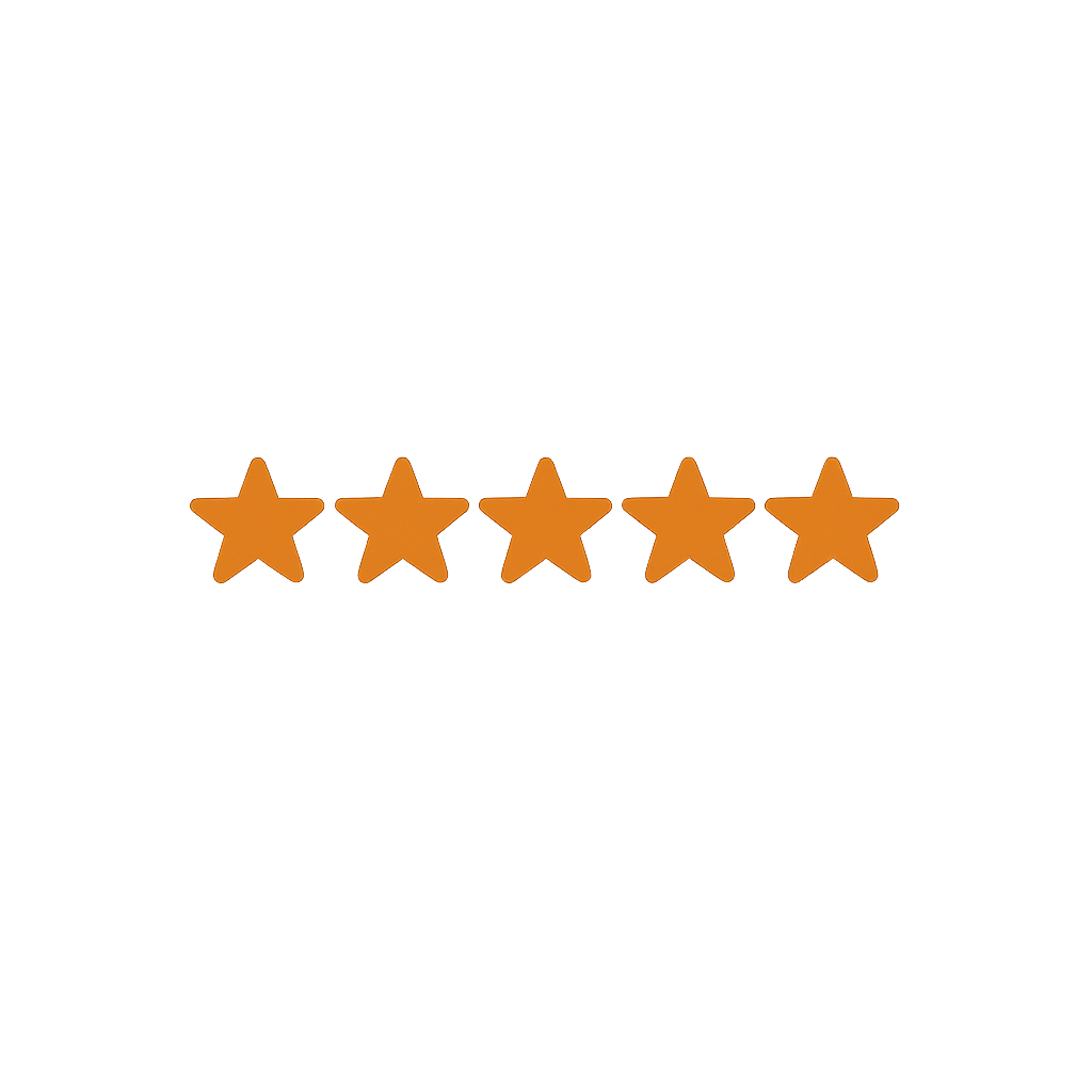 A black and white logo with a thumbs-up icon and five orange stars beneath it, illustrating a five-star rating.