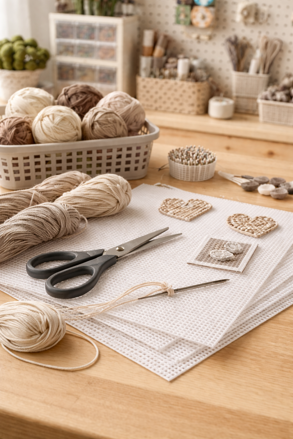 plastic canvas supplies in a craft room setting with netural colors