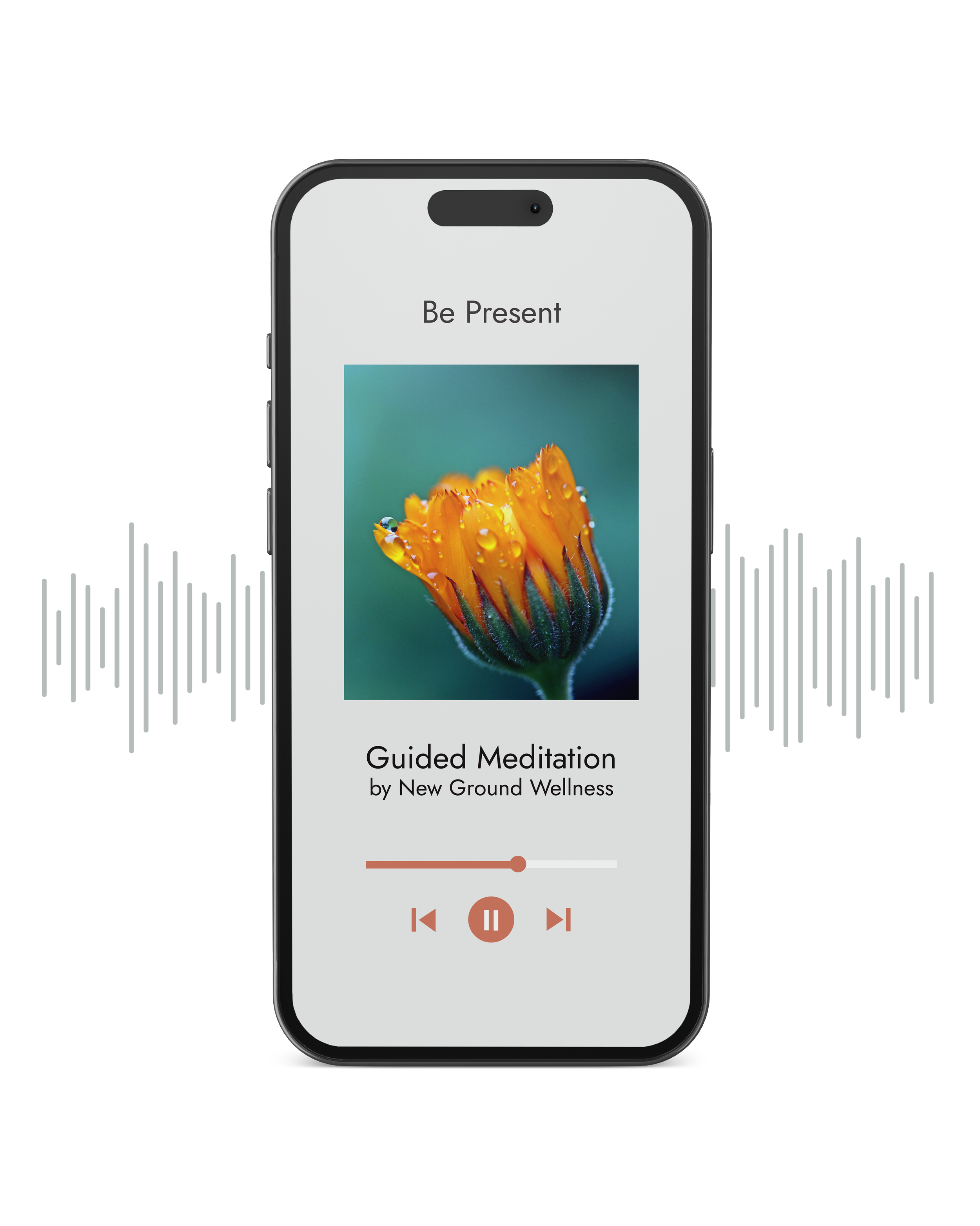 A smartphone displaying a meditation app with a picture of a yellow flower and water droplets, titled 'Guided Meditation' by New Ground Wellness.