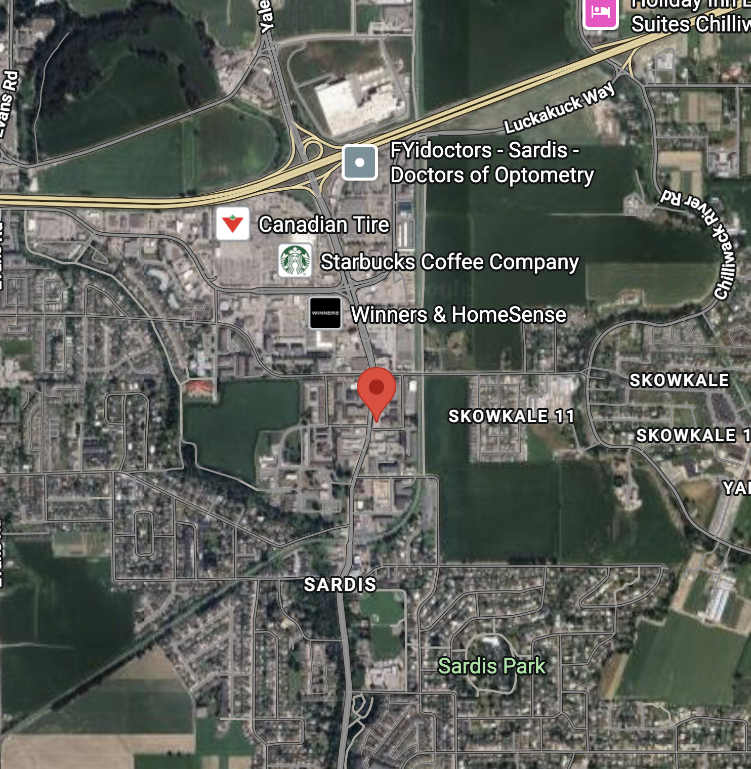 A satellite map showing the town of Sardis, with various local businesses and neighborhoods labeled. Key roads and parks, including Sardis Park, are visible.