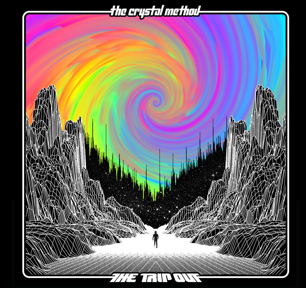 A digital artwork titled 'The Trip Out' featuring a person walking in a geometric landscape of mountain-like structures with a neon grid floor, a starry sky, and a colorful swirling vortex in the sky.