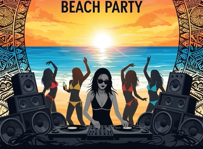 Illustration of a beach party scene with a DJ at the center, four women dancing on the sand, and a sunset over the ocean. Large speakers are visible on either side, and the scene is framed by decorative patterns.