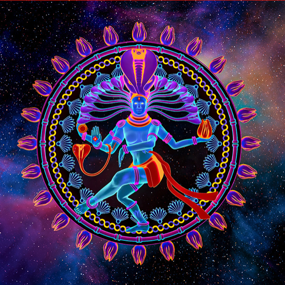 A vibrant, colorful illustration of a Hindu deity, likely Lord Shiva, with a blue body, multiple arms, and a third eye on the forehead, surrounded by a circular design and a cosmic background.