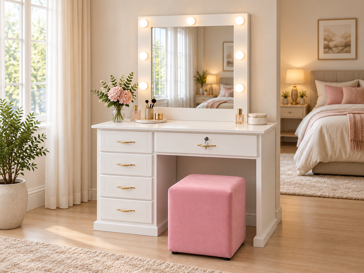 Tocador blanco iluminado con banco rosa-3.png