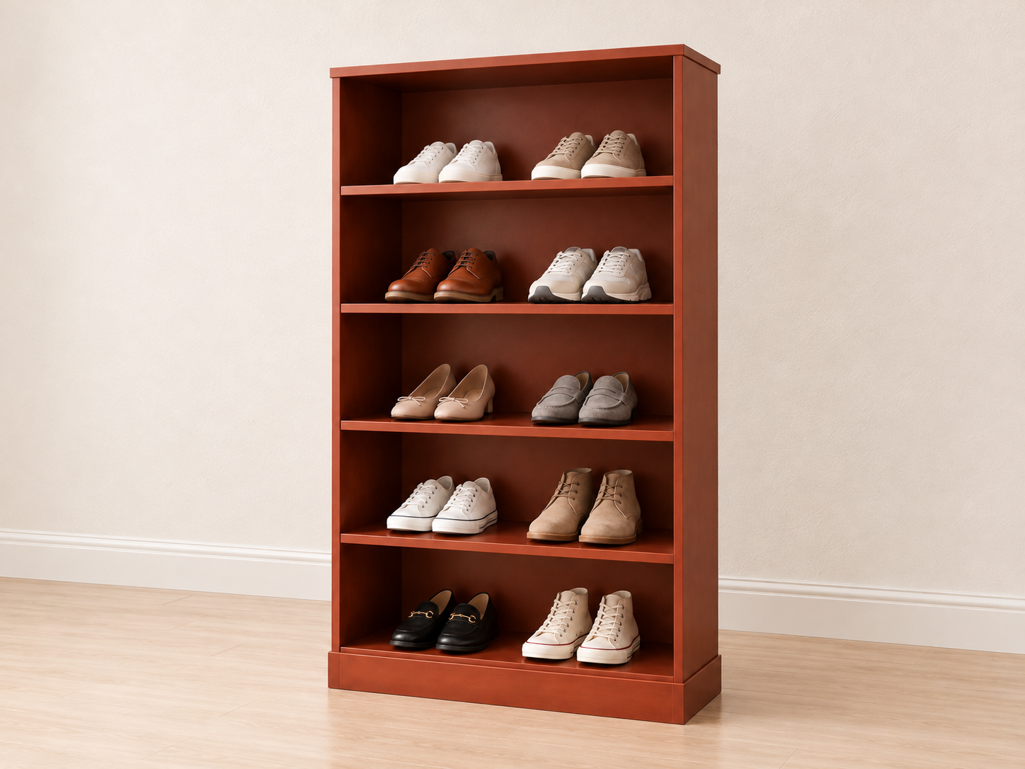 Zapatero de madera rojiza con zapatos-5.png