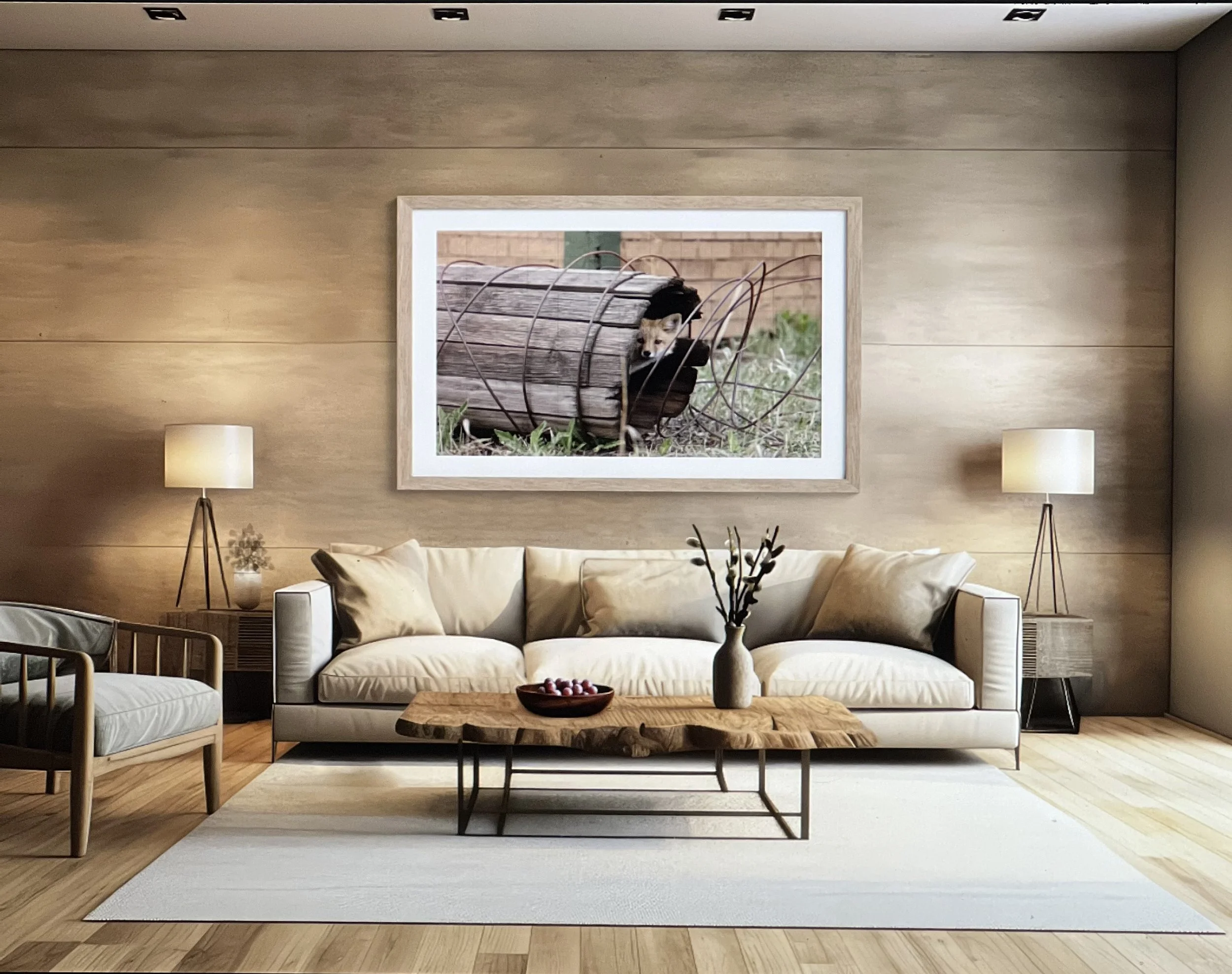 Living room with a large cream sofa, a wooden coffee table with a vase and bowl, two white side tables with lamps, wall art of a dog behind a wire frame, hardwood flooring, and a neutral color scheme.