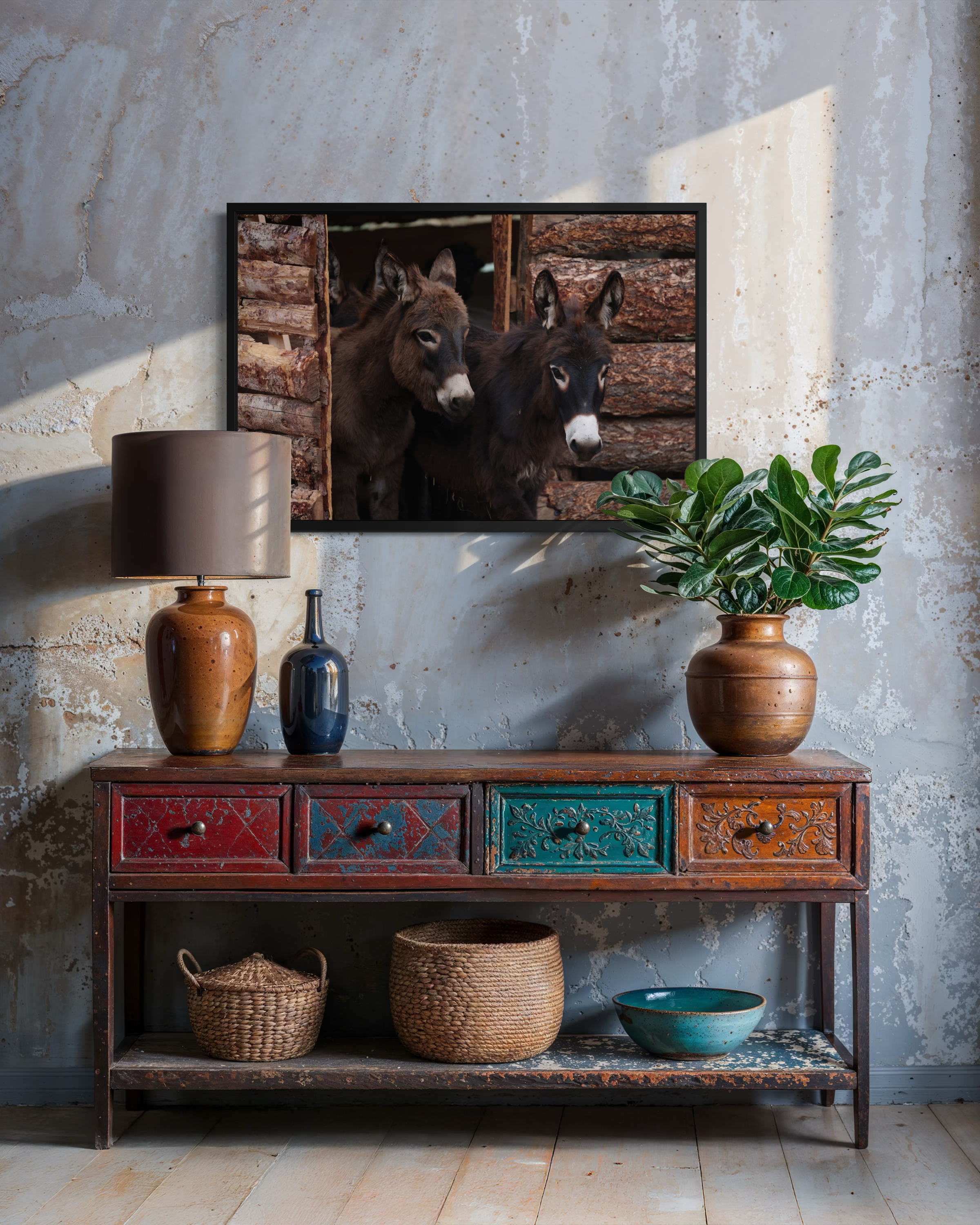 A rustic wooden sideboard with colorful painted drawers, placed against a textured, weathered wall. On top of the sideboard are two ceramic vases, one brown and one blue, holding a green leafy plant. A framed photograph of two donkeys standing in a l