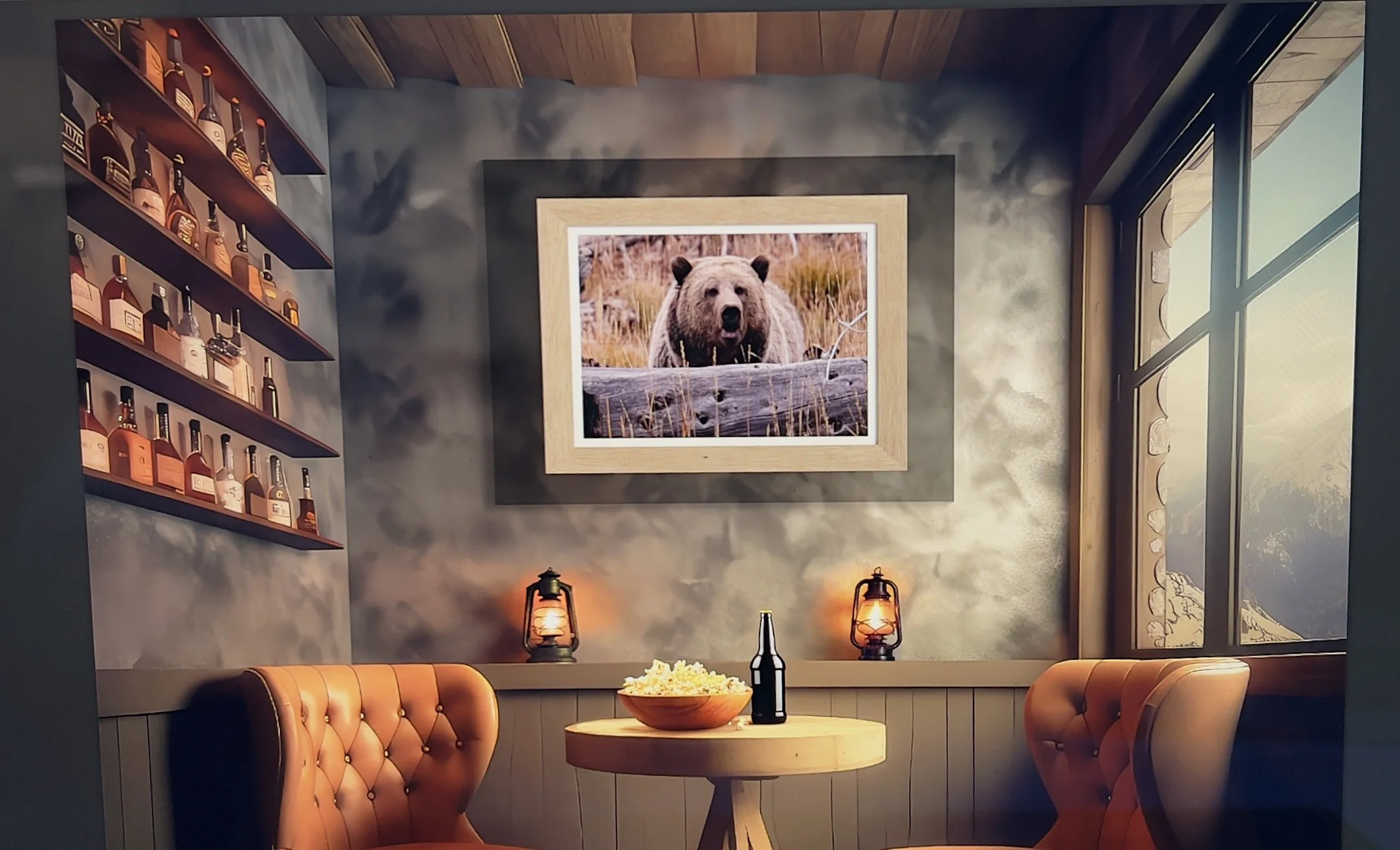 Interior of a cozy restaurant or cafe with orange upholstered chairs, a small round wooden table with a bowl of popcorn and a bottle of wine, wall-mounted shelves with bottles, framed bear photograph on a gray wall, and warm lantern lighting. There i
