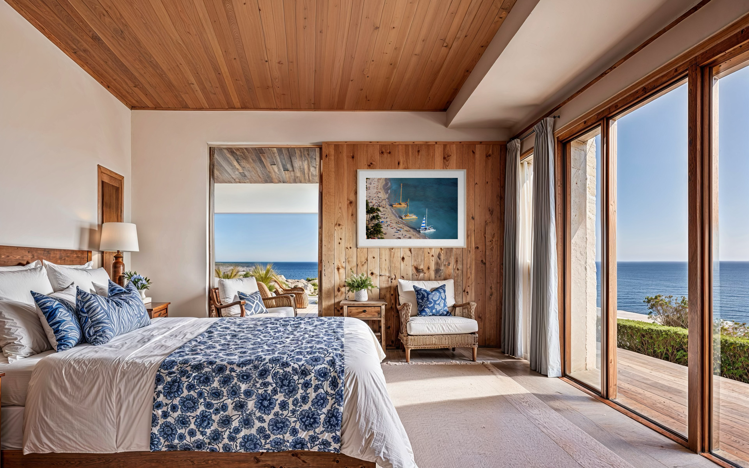 A bedroom with a view of the ocean through large glass doors and windows, featuring wooden ceiling and walls, a bed with blue and white bedding, a sitting area with chairs and a painting of a beach with sailboats.