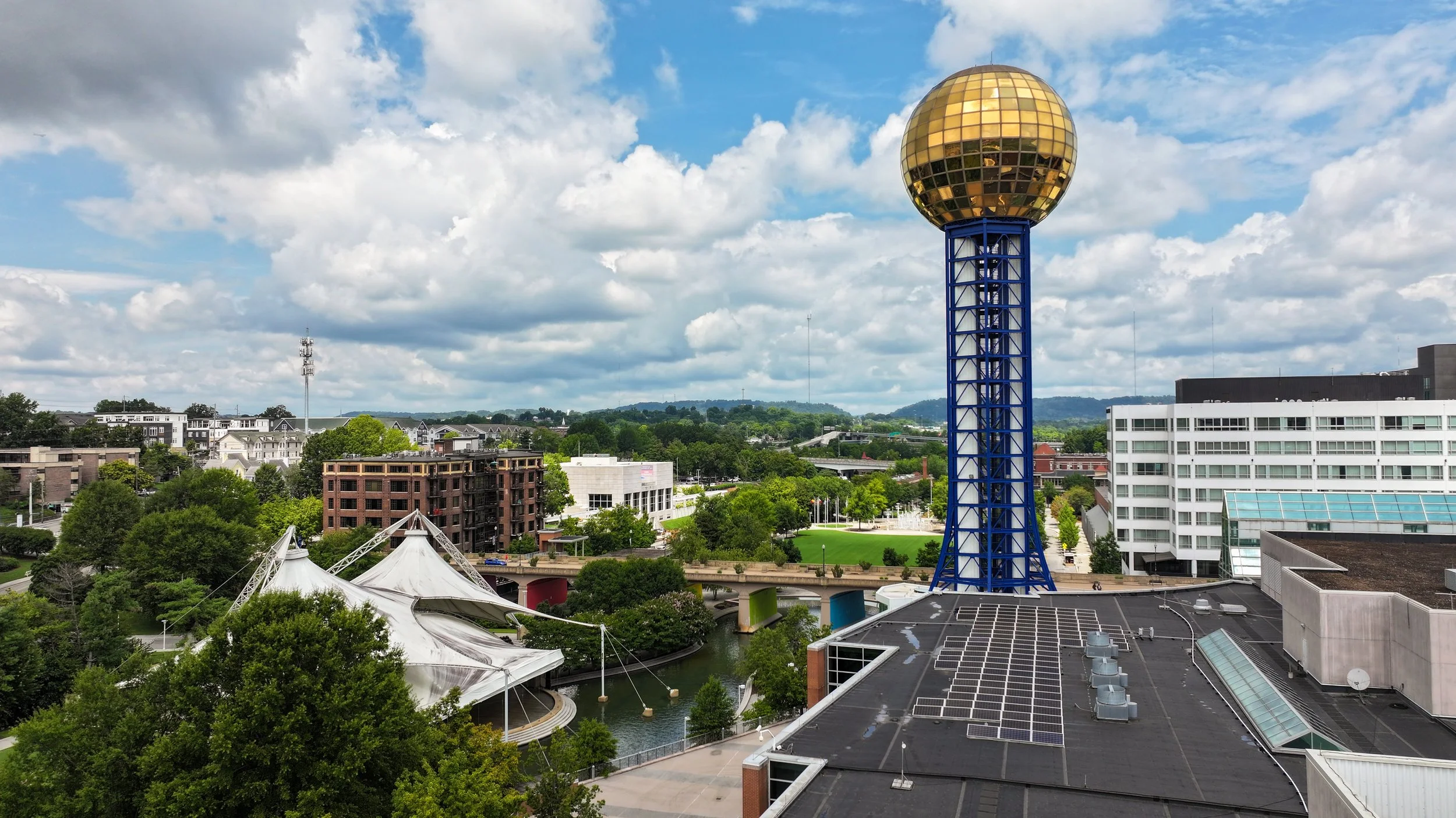 July 2025 - Drone photograph taken of the Sunsphere in downtown Knoxville, Tennessee.
