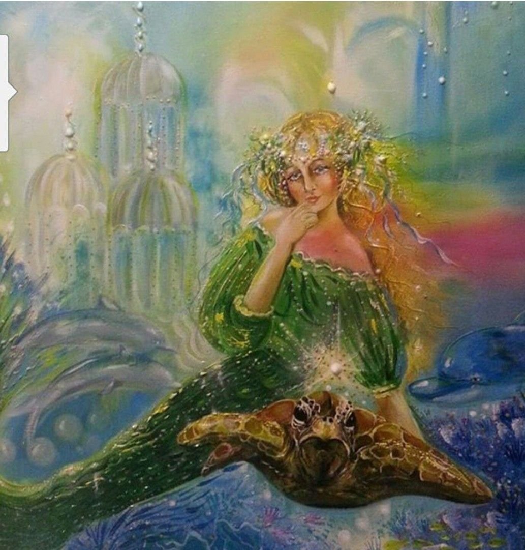 A fantasy illustration of a woman with long, flowing hair adorned with flowers, wearing a green dress, sitting on a large turtle. The background features domed buildings, vibrant colors, and a dreamy atmosphere.