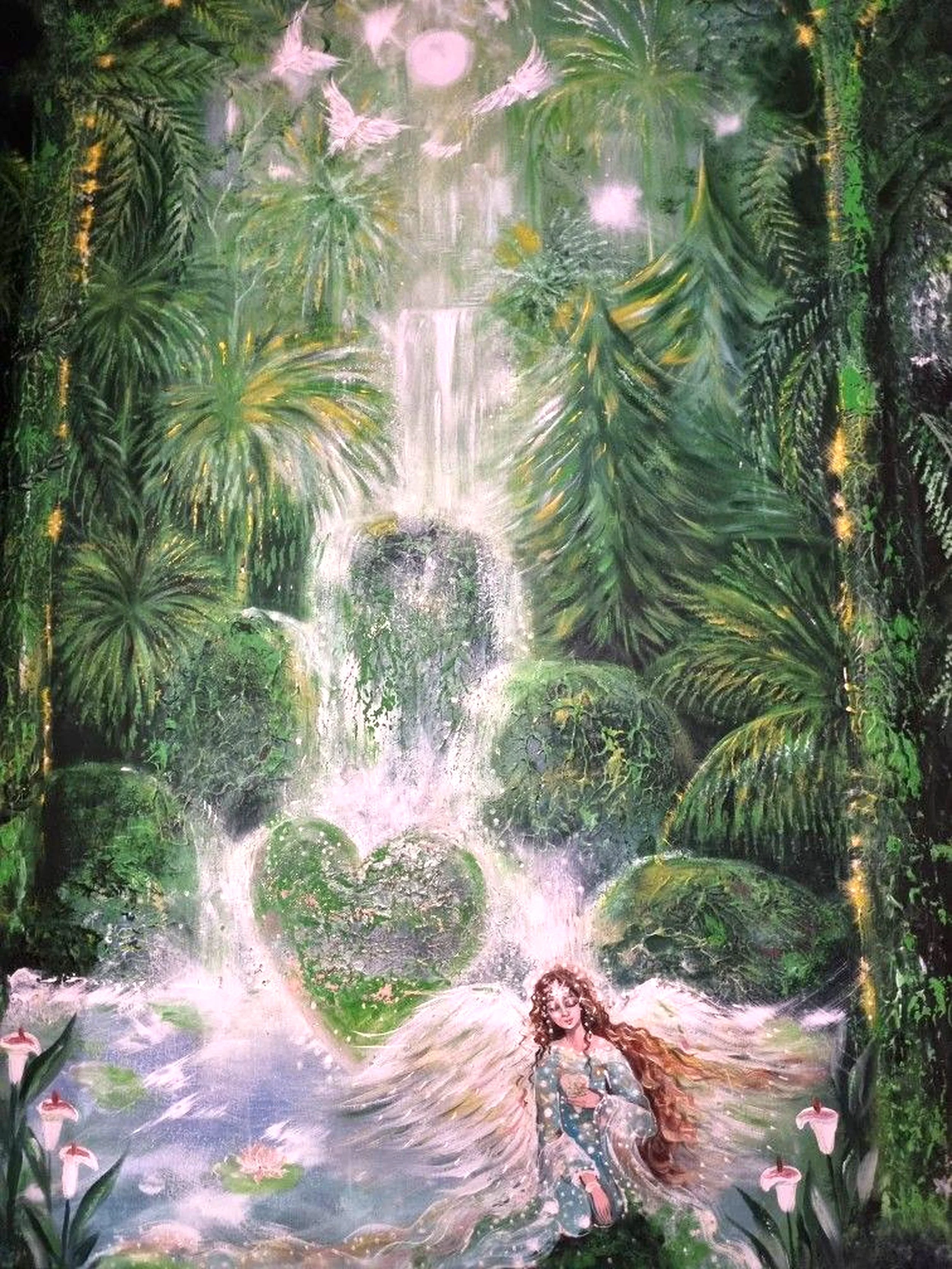 A mystical forest scene with lush greenery, a waterfall, and floating orbs of light. A winged woman with long brown hair and a flowing dress floats above the water amidst lily pads and flamingos.
