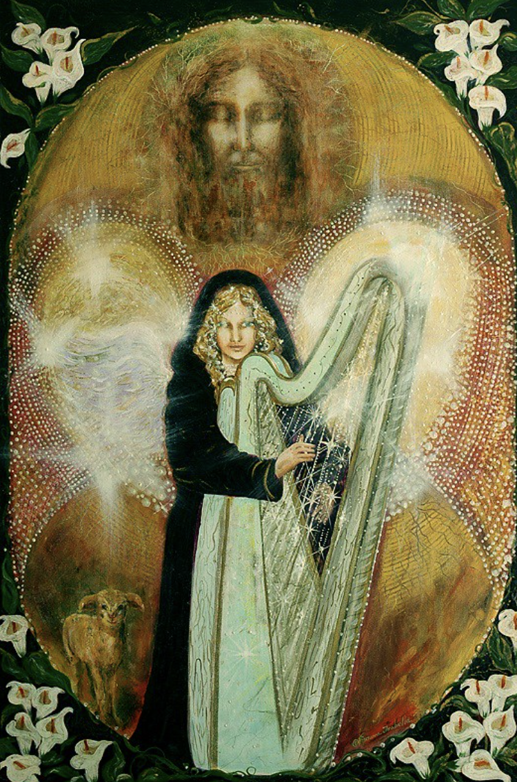 A woman with curly blonde hair playing a harp, surrounded by an ethereal scene with a face of Jesus Christ above, a goat in the bottom left corner, and white lilies framing the image.