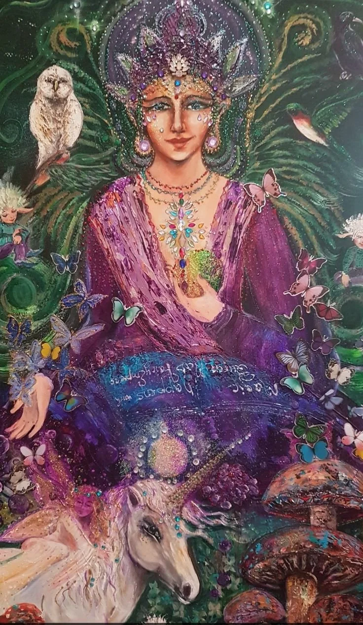 A fantasy artwork featuring a woman dressed in purple with a jeweled crown and jewelry, surrounded by butterflies, an owl, a unicorn, mushrooms, and a glowing cosmic background.
