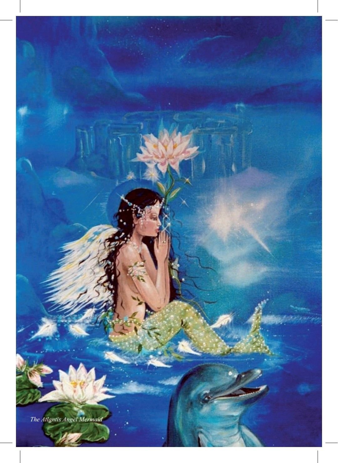 An artistic illustration of a mermaid with long black hair, a pink lotus flower on her head, and shimmering green scales, sitting on water in an underwater scene. She is praying with her hands together and surrounded by a dolphin, white water lilies,