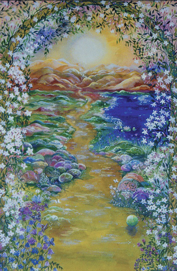 A vibrant watercolor painting of a pathway leading to a sunrise over a mountain range, framed by colorful flowering plants and greenery.
