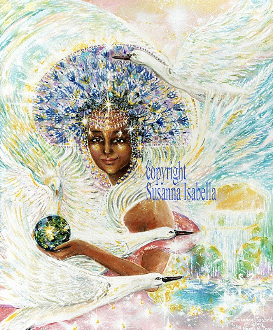 A colorful painting of a woman with an elaborate headdress of blue and purple flowers, surrounded by white swans, a white dove, and a sparkling, glowing Earth in her hand. The background features a dreamy sky with swirling pastel colors.