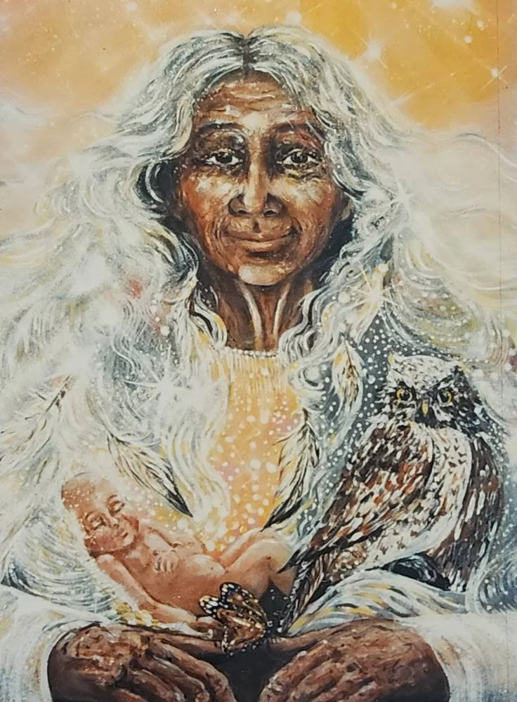 Painting of an elderly woman with long white hair, holding a baby, a butterfly, and an owl, with warm background