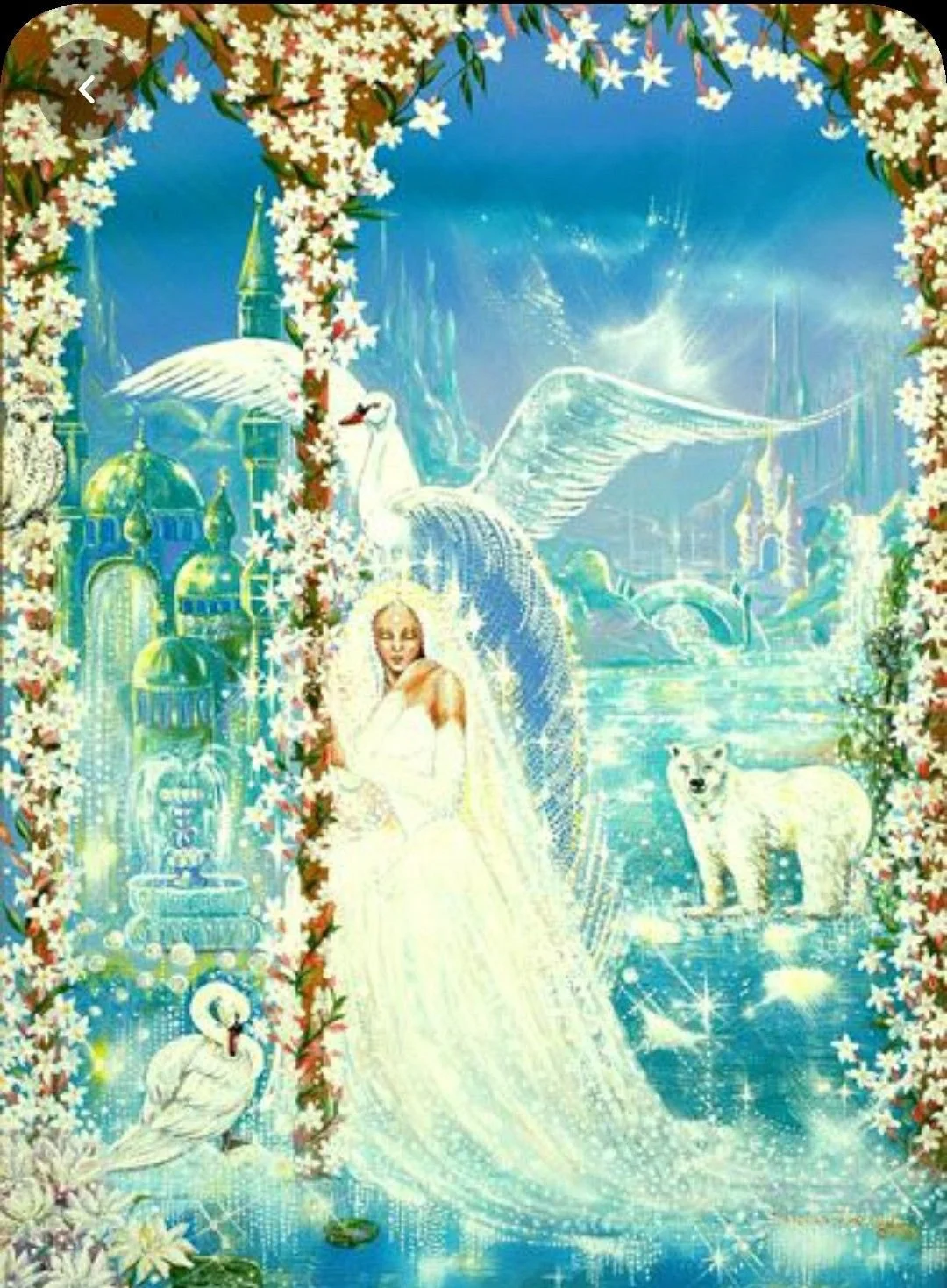 A fantasy scene with a woman in a white dress, a large swan with wings spread, a polar bear, a peacock, and a swan, surrounded by a floral arch and a glittering mountain landscape with a castle and celestial sky.